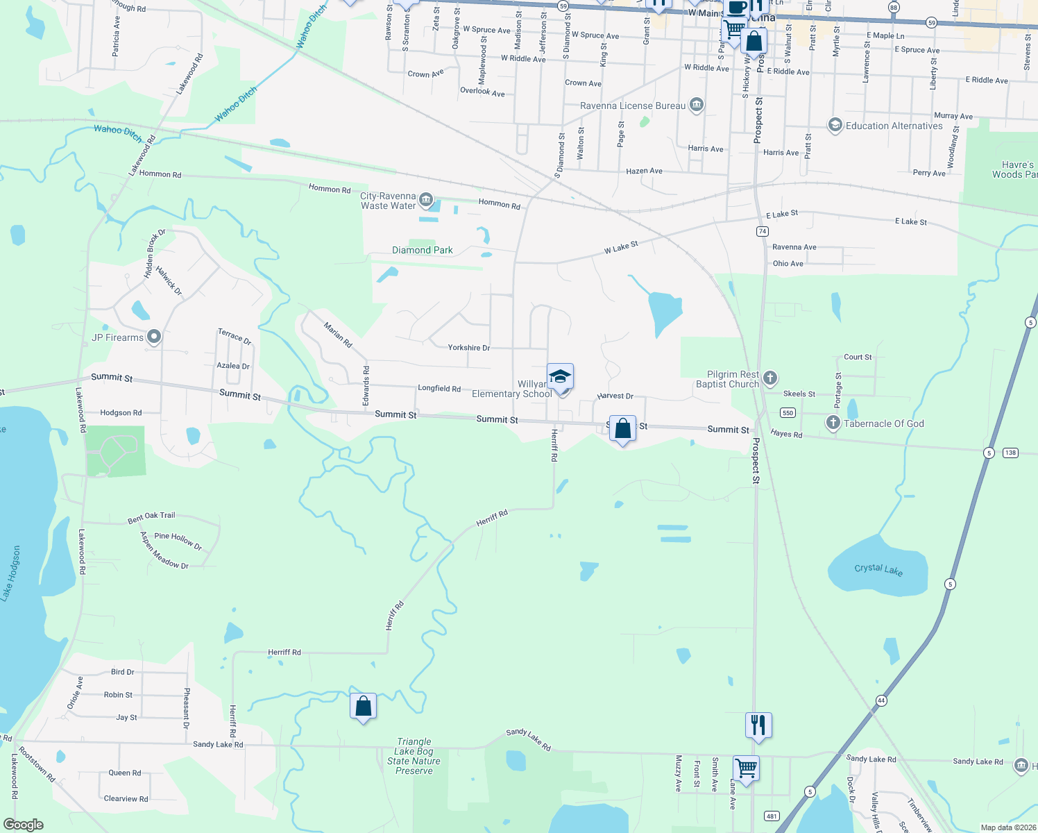 map of restaurants, bars, coffee shops, grocery stores, and more near 1273 South Diamond Street in Ravenna