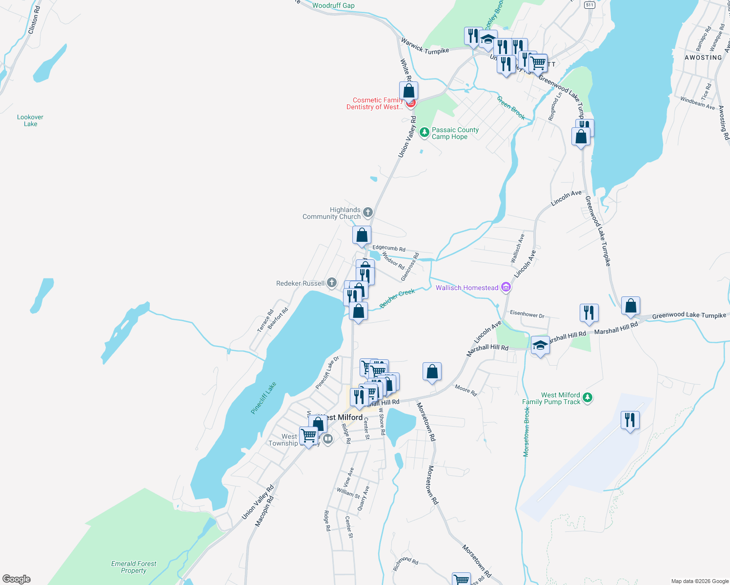 map of restaurants, bars, coffee shops, grocery stores, and more near 1614 Union Valley Road in West Milford