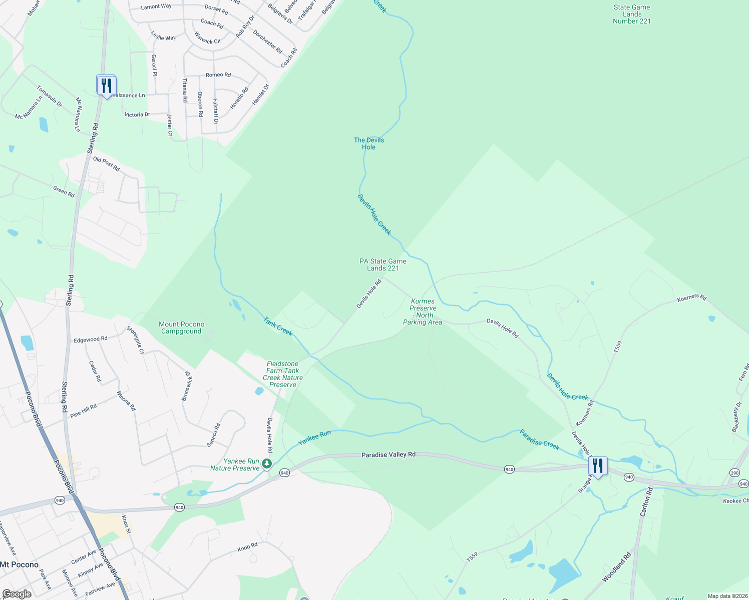 map of restaurants, bars, coffee shops, grocery stores, and more near 3416 Devils Hole Rd in Monroe