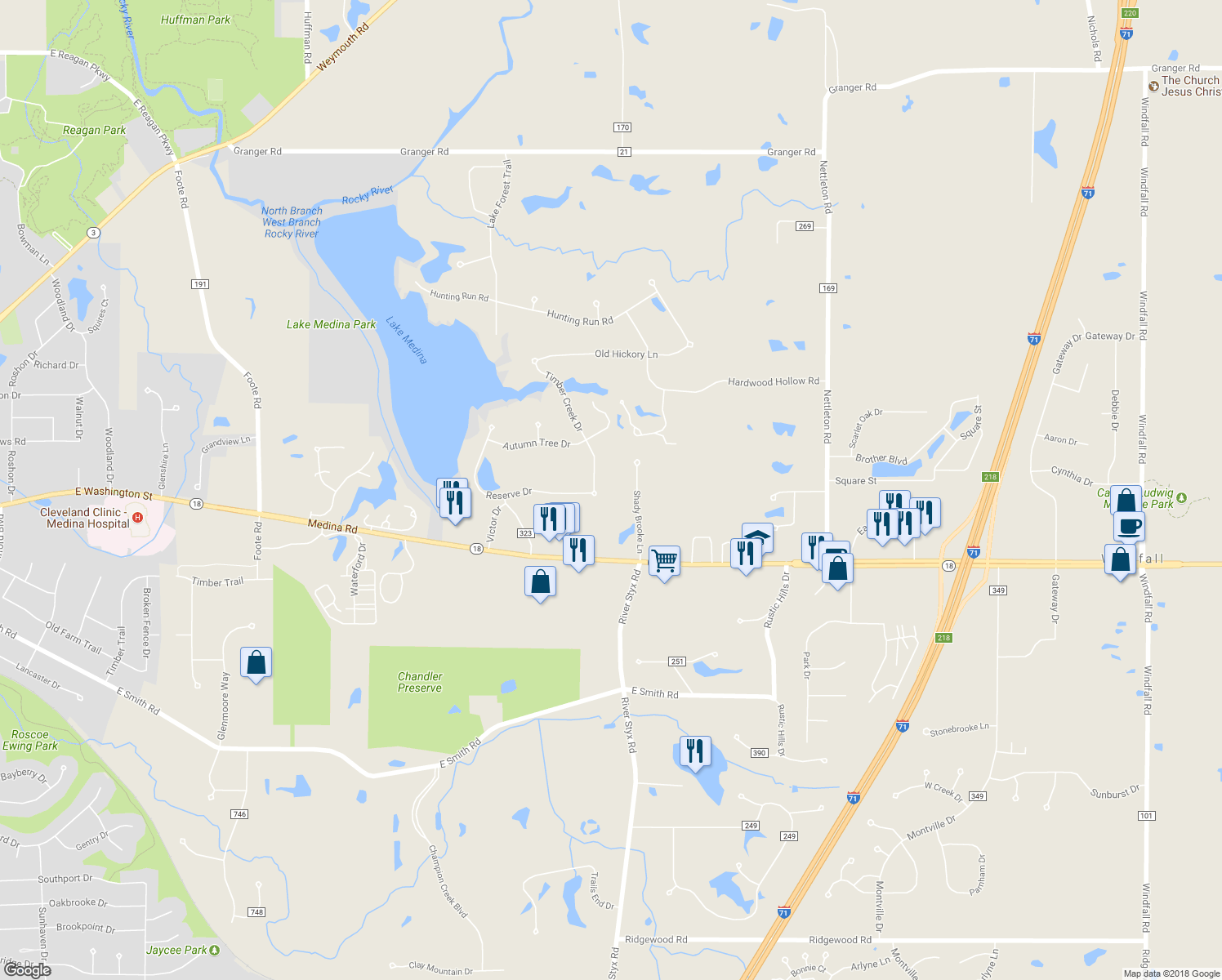 map of restaurants, bars, coffee shops, grocery stores, and more near 4985 Timber Creek Drive in Medina