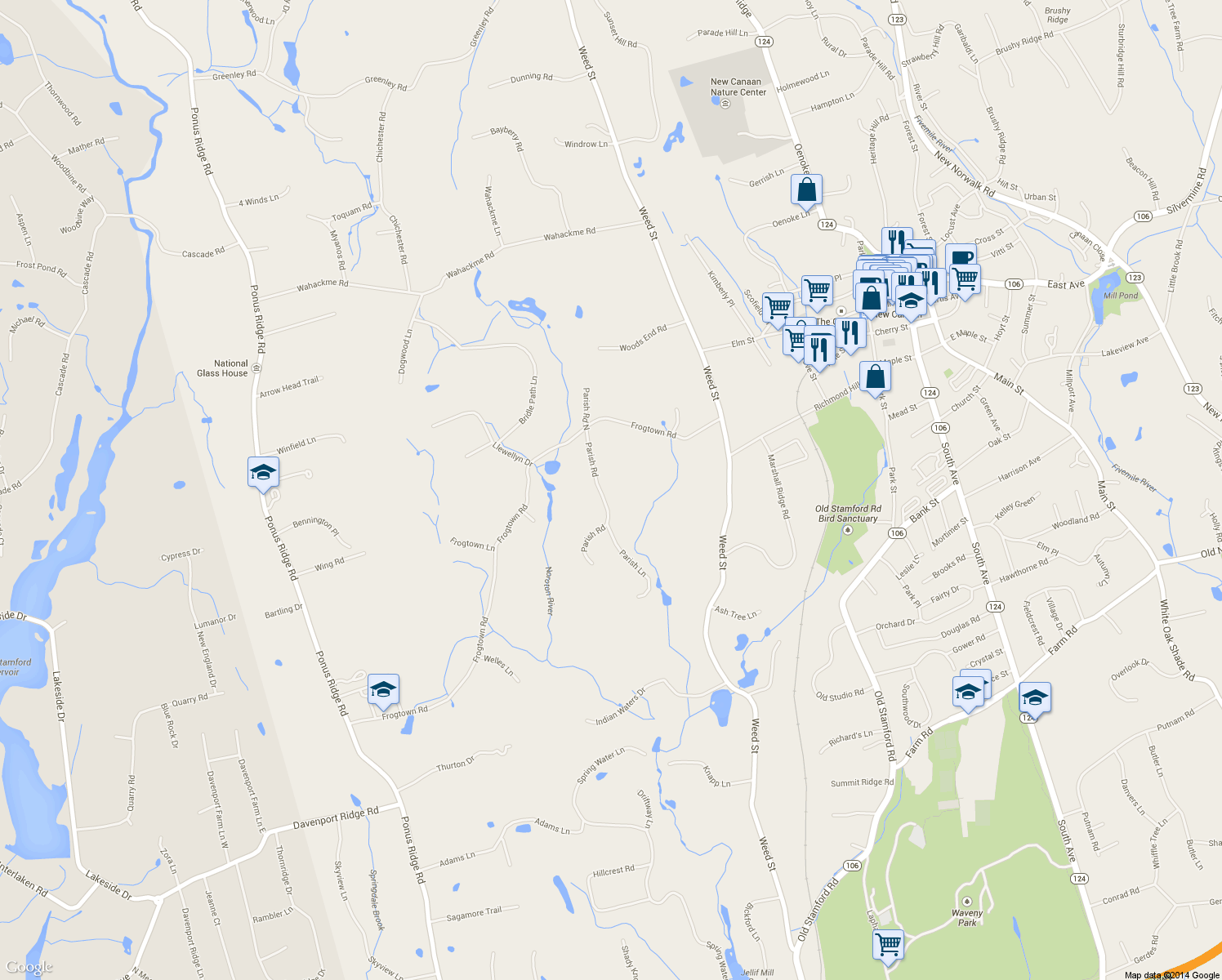 map of restaurants, bars, coffee shops, grocery stores, and more near 82 Parish Road in New Canaan
