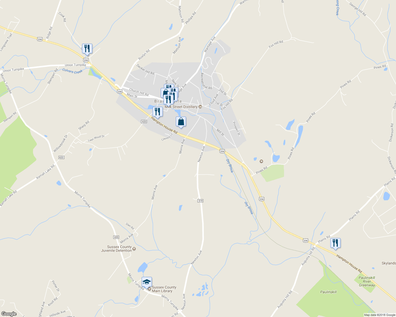 map of restaurants, bars, coffee shops, grocery stores, and more near 26 Newton Avenue in Branchville