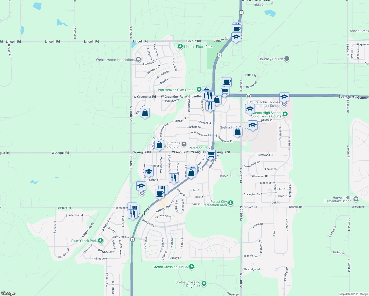 map of restaurants, bars, coffee shops, grocery stores, and more near 516 West Angus Road in Gretna