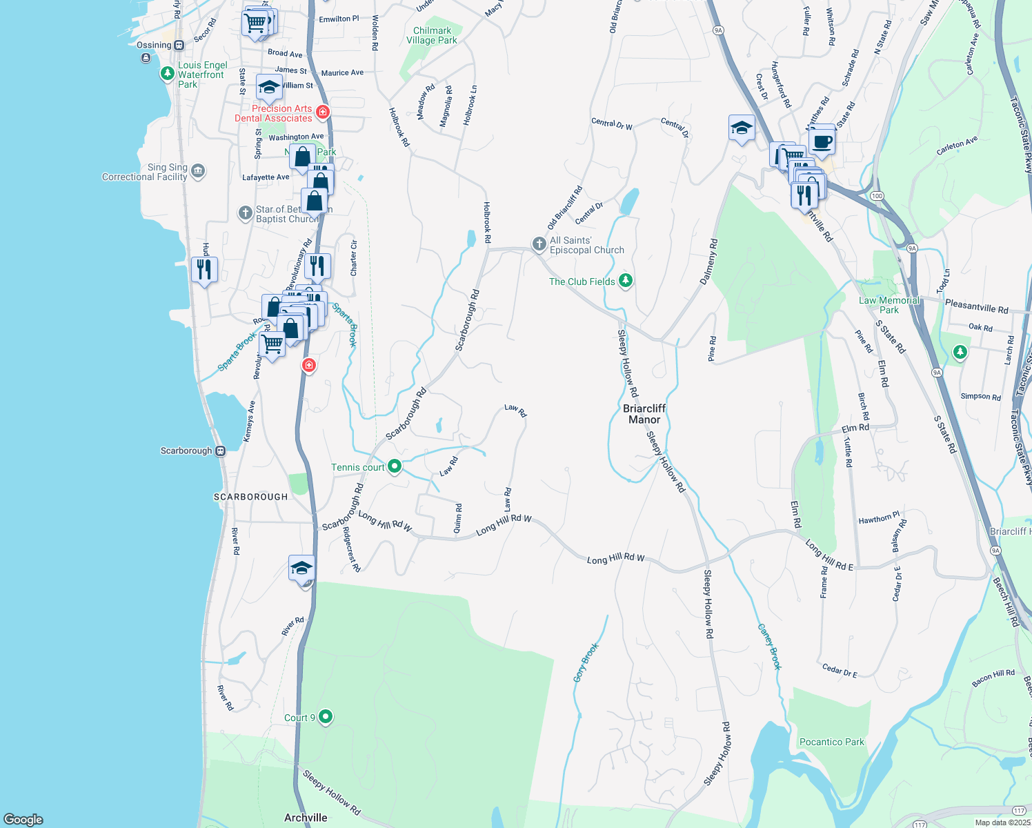 map of restaurants, bars, coffee shops, grocery stores, and more near 110 Law Road in Briarcliff Manor