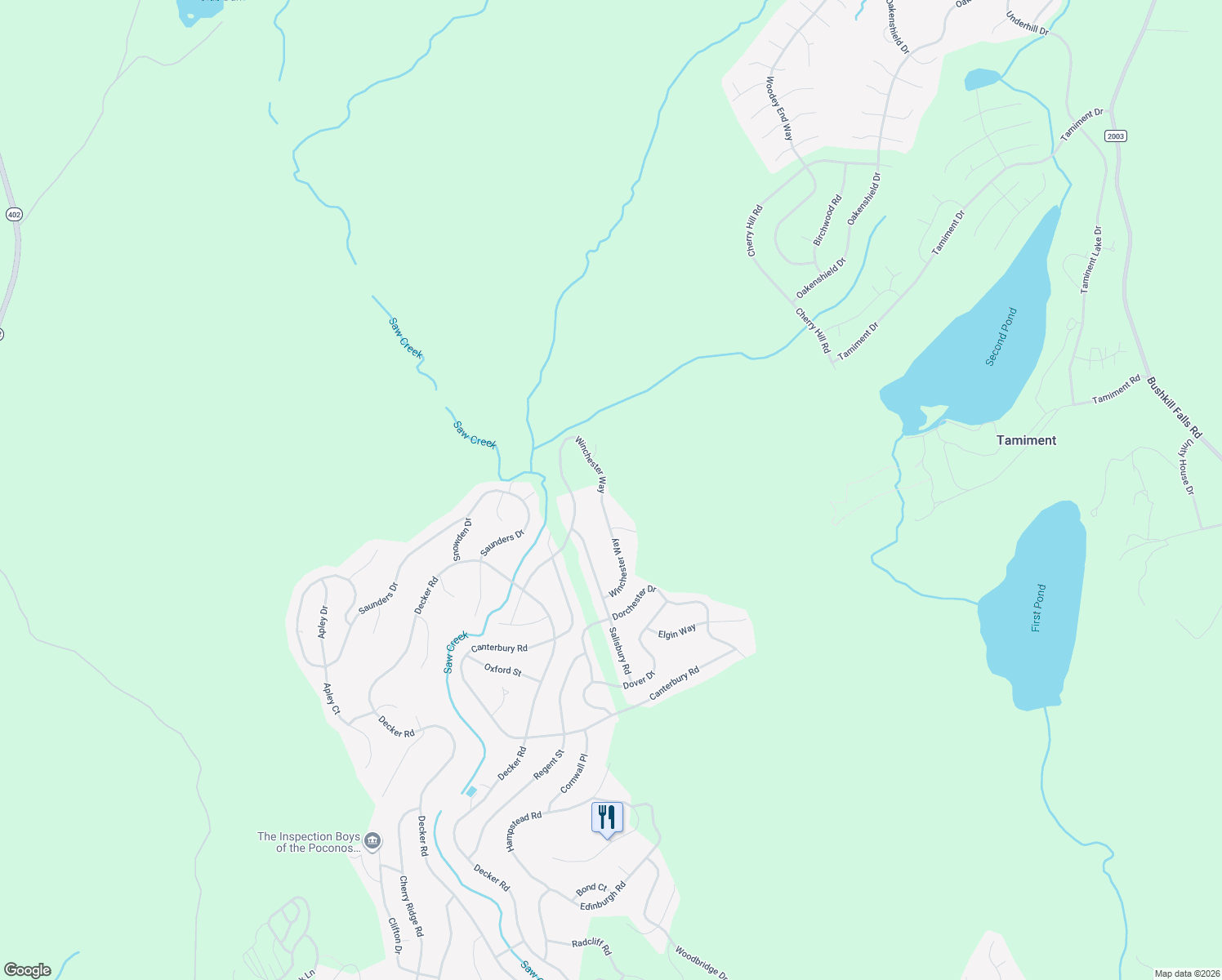 map of restaurants, bars, coffee shops, grocery stores, and more near 1090 Winchester Way in Bushkill