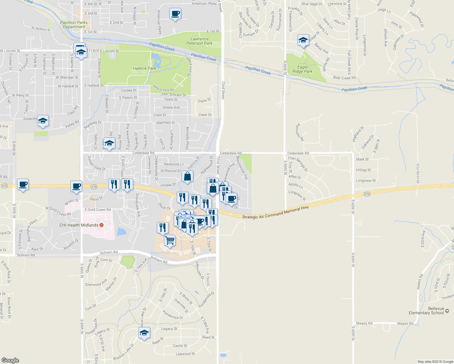 map of restaurants, bars, coffee shops, grocery stores, and more near 1403 Greenwood Ave in Papillion