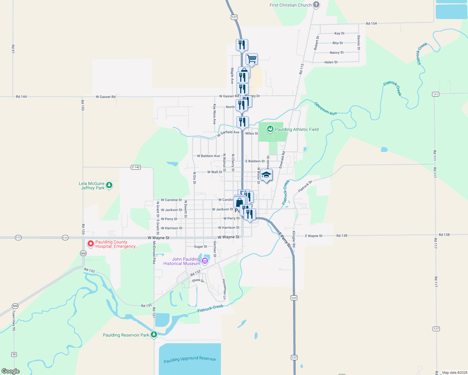 map of restaurants, bars, coffee shops, grocery stores, and more near 403 N Cherry St in Paulding