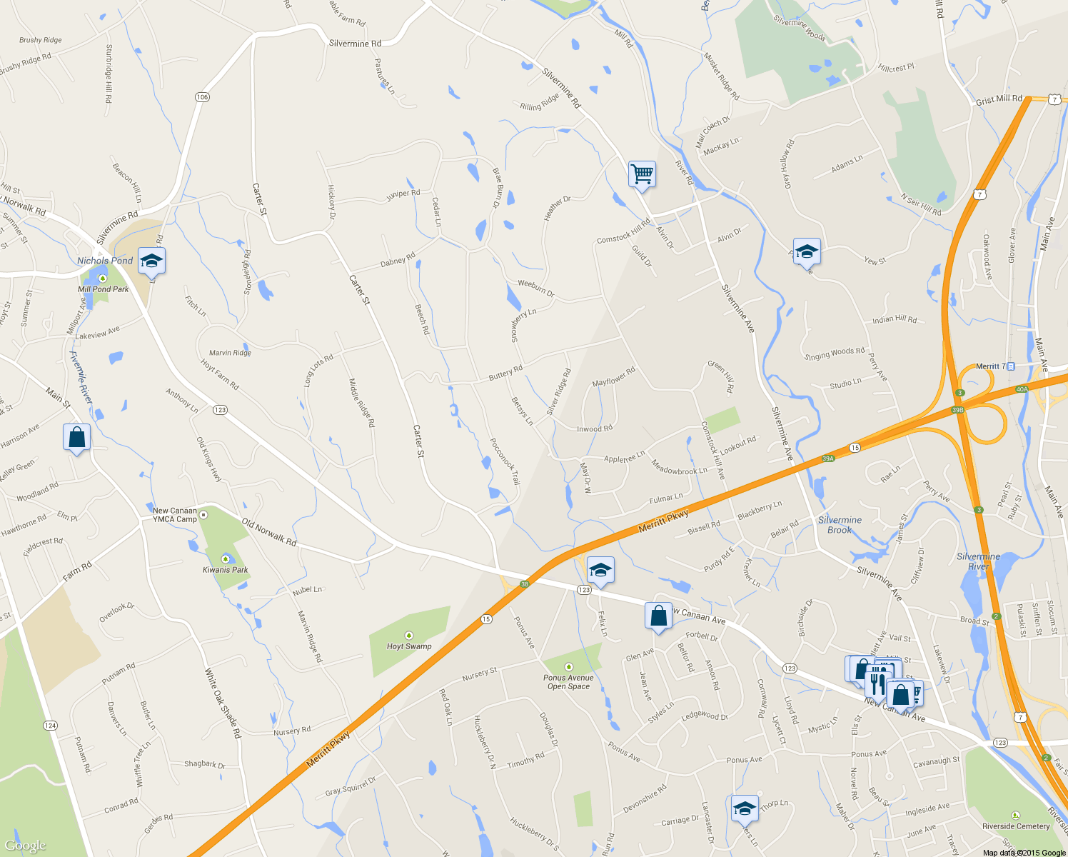 map of restaurants, bars, coffee shops, grocery stores, and more near 89 Betsys Lane in New Canaan