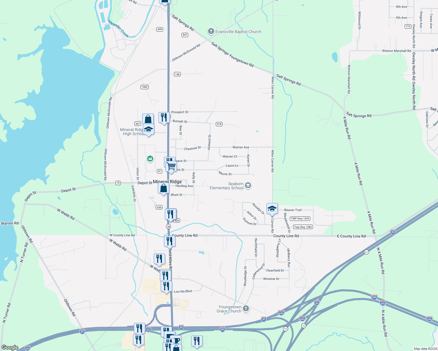 map of restaurants, bars, coffee shops, grocery stores, and more near 1626 Morris St in Mineral Ridge