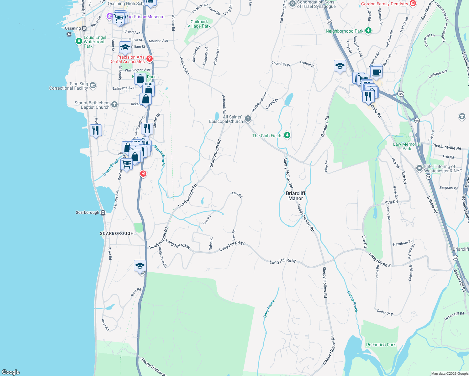 map of restaurants, bars, coffee shops, grocery stores, and more near 110 Law Road in Briarcliff Manor