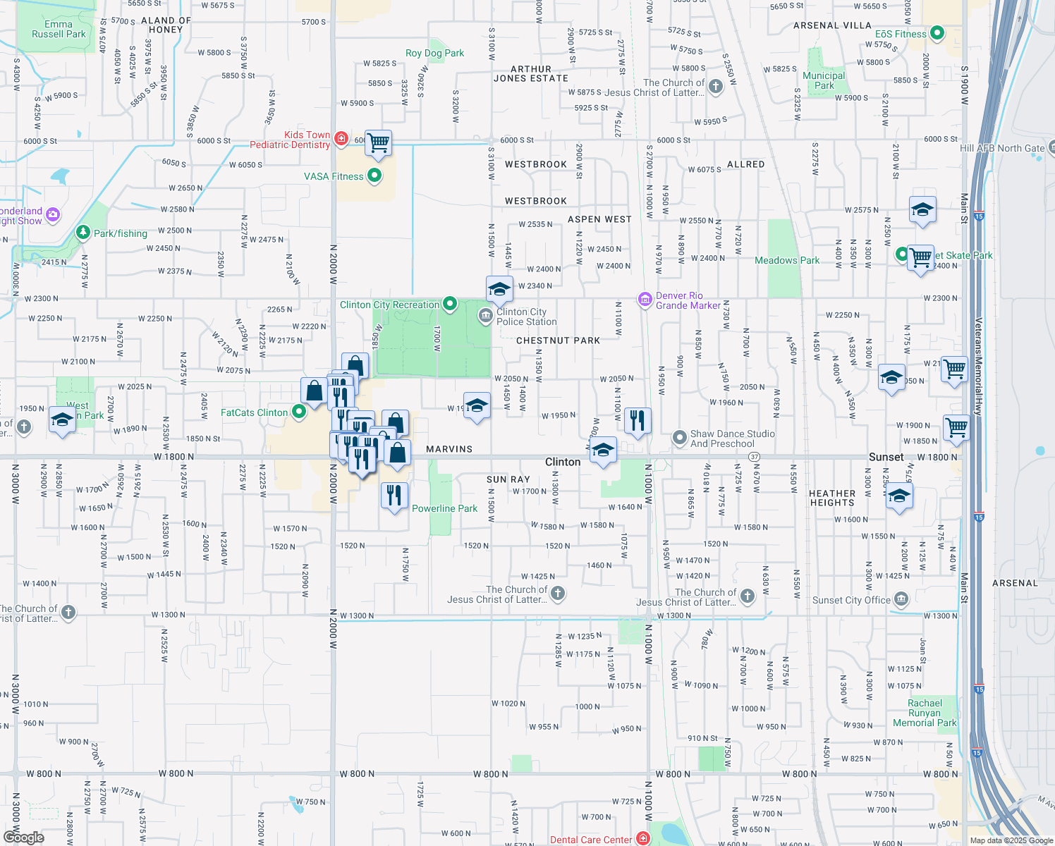 map of restaurants, bars, coffee shops, grocery stores, and more near 1401 West 1930 North in Clinton