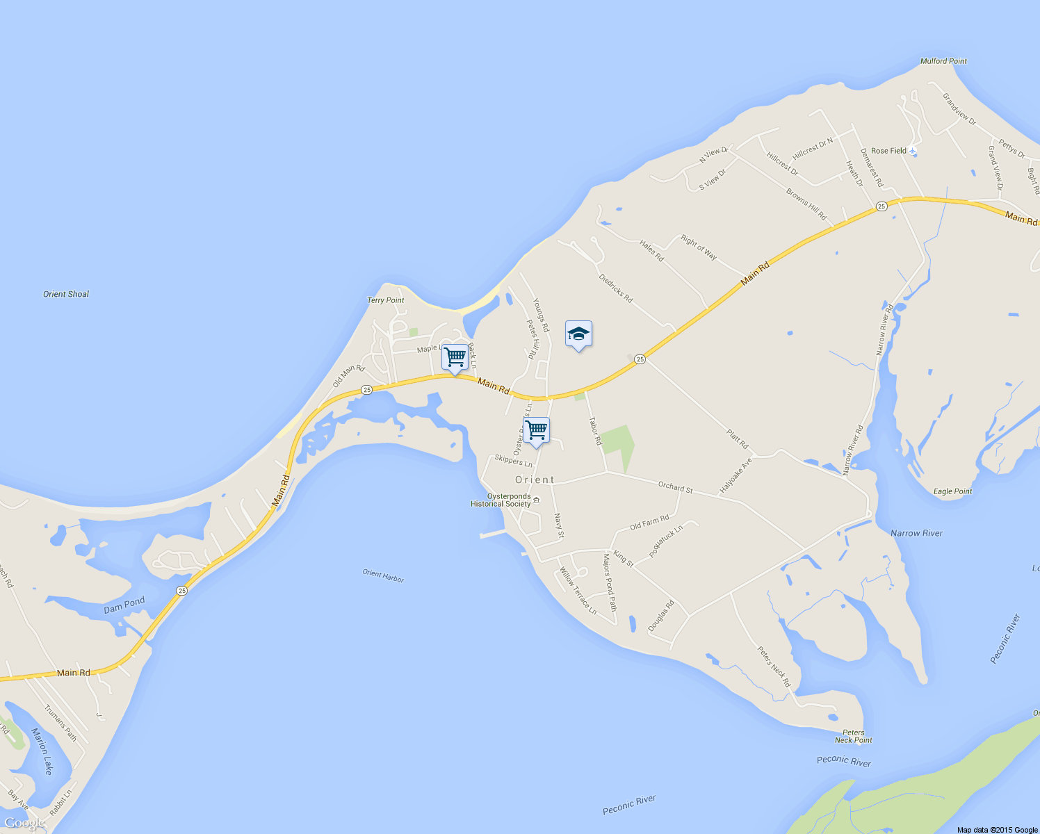 map of restaurants, bars, coffee shops, grocery stores, and more near 310 Oyster Ponds Lane in Orient