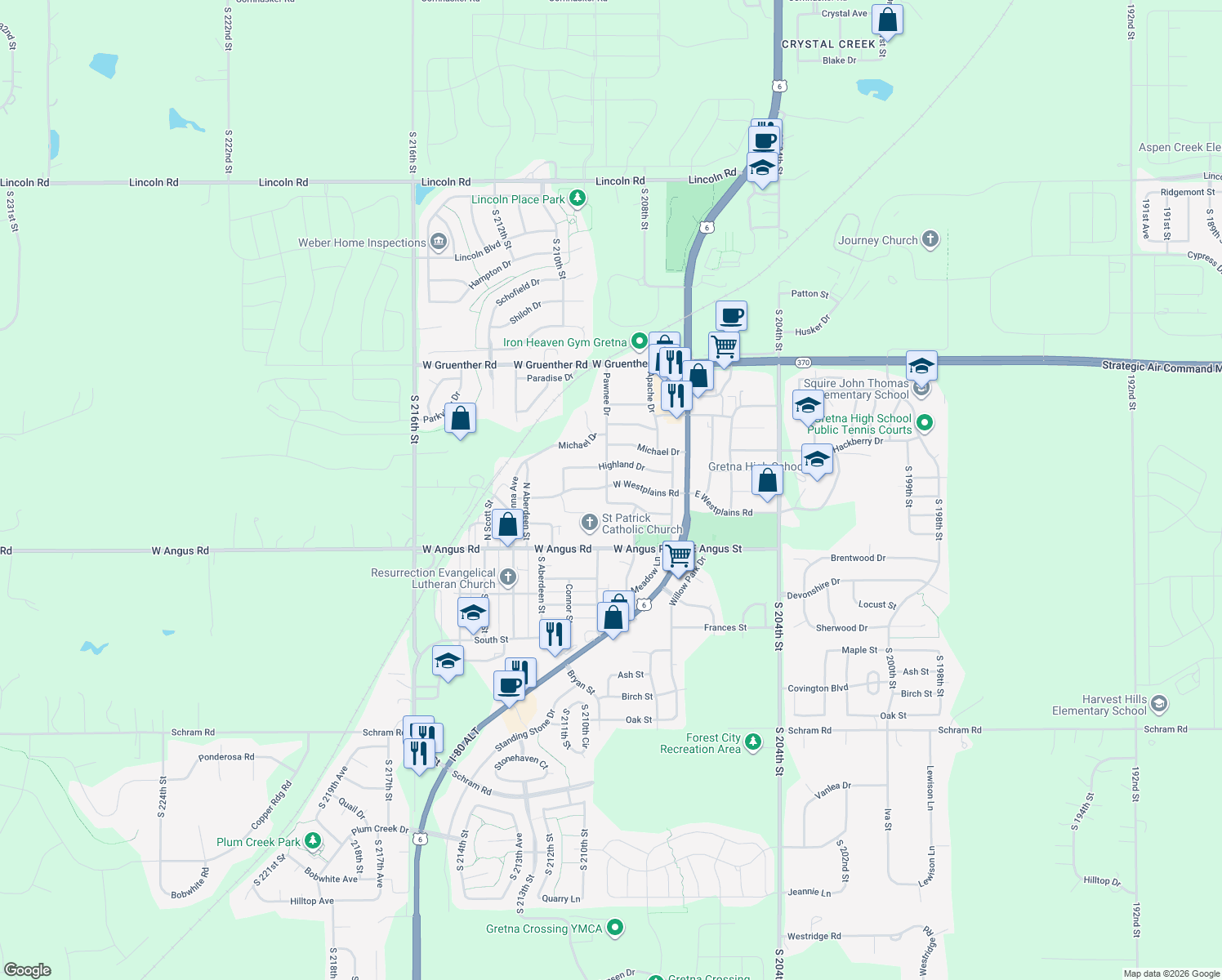 map of restaurants, bars, coffee shops, grocery stores, and more near 347 West Westplains Road in Gretna