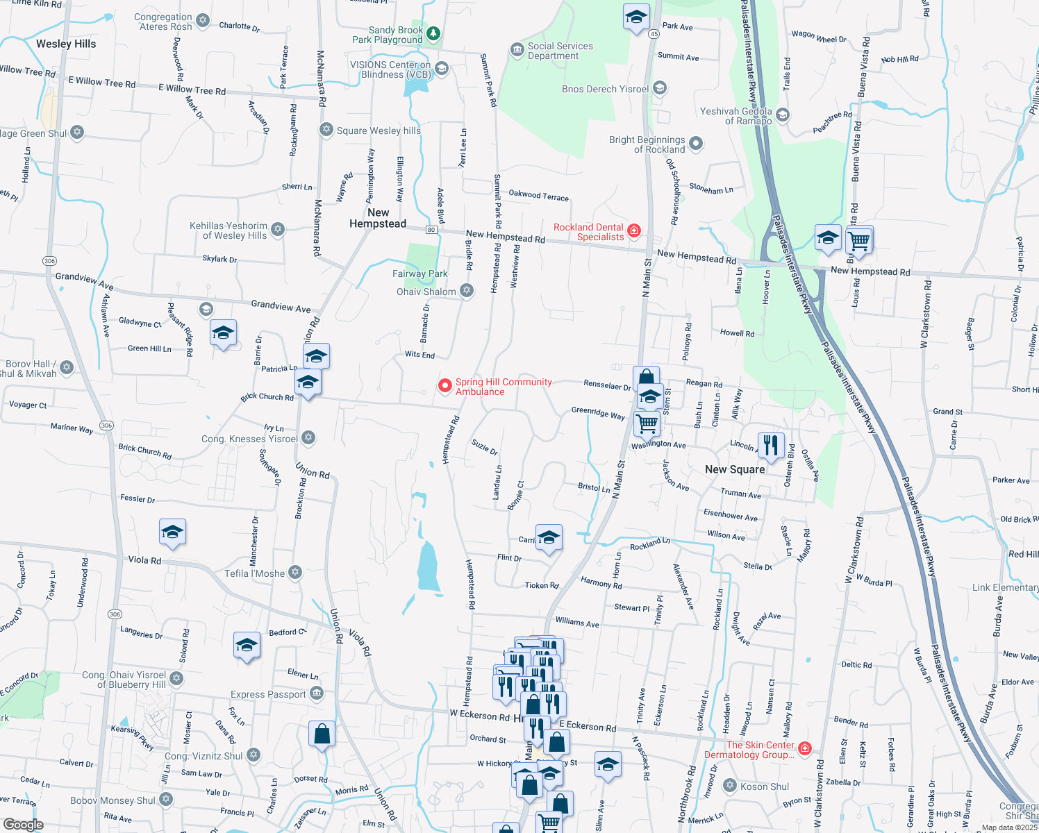 map of restaurants, bars, coffee shops, grocery stores, and more near 36 Greenridge Way in Spring Valley