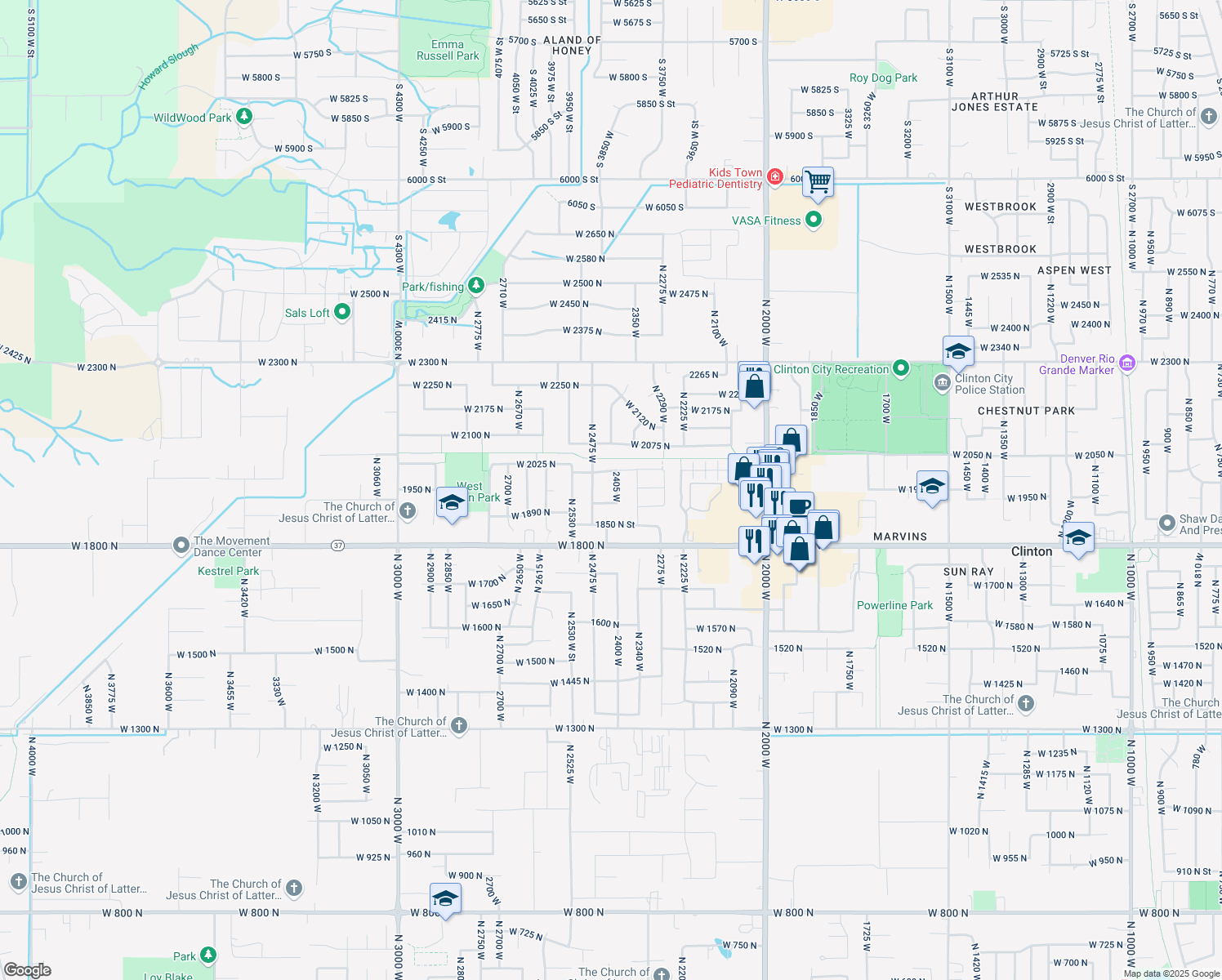 map of restaurants, bars, coffee shops, grocery stores, and more near 1943 2405 West in Clinton