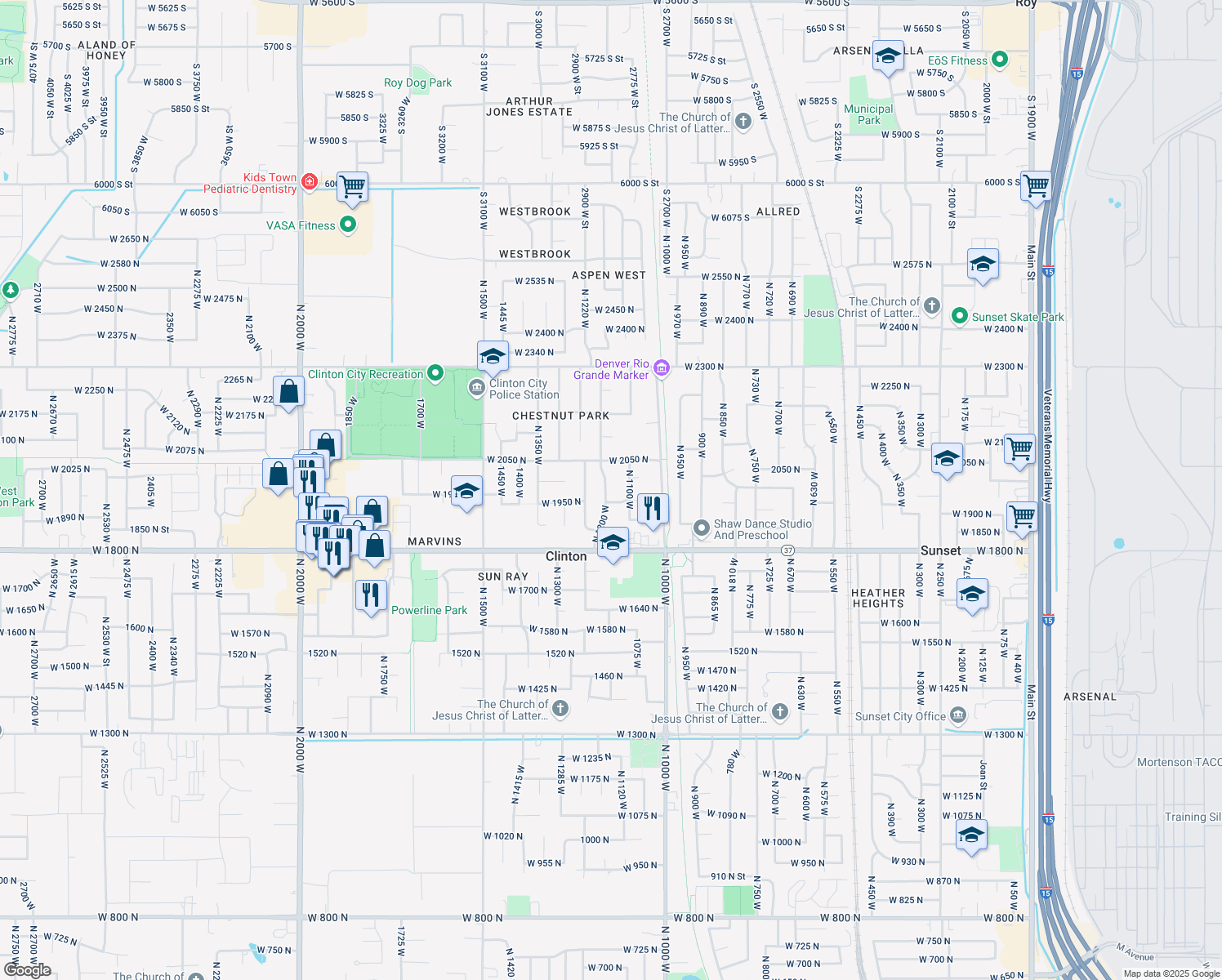 map of restaurants, bars, coffee shops, grocery stores, and more near 1978 North 1200 West in Clinton