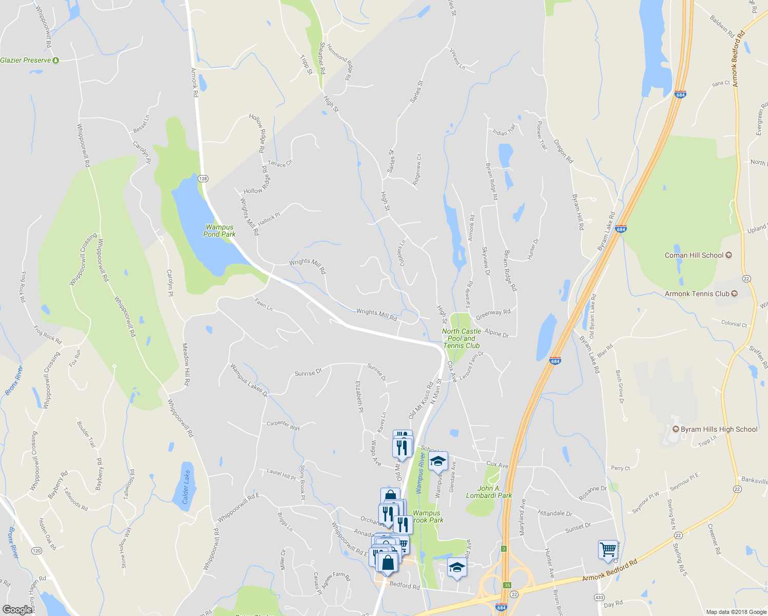 map of restaurants, bars, coffee shops, grocery stores, and more near 38 Wrights Mill Road in Armonk