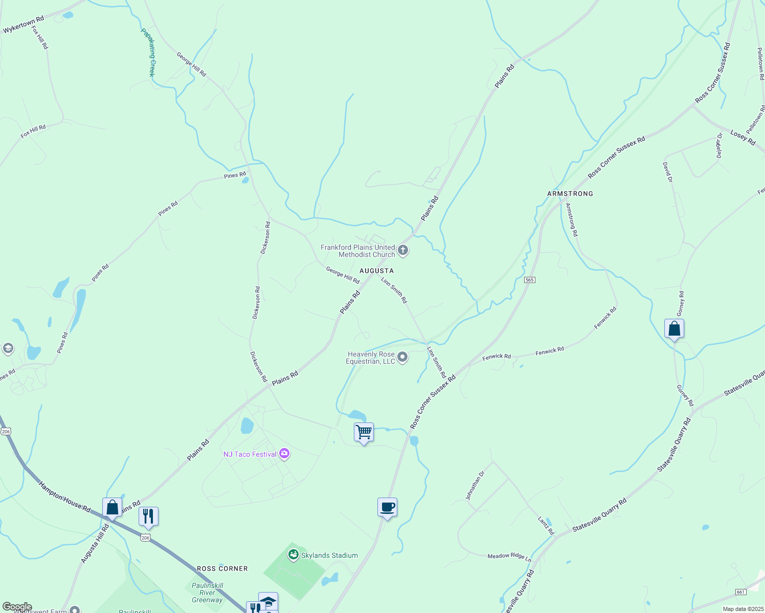 map of restaurants, bars, coffee shops, grocery stores, and more near 30 Linn Smith Rd in Frankford