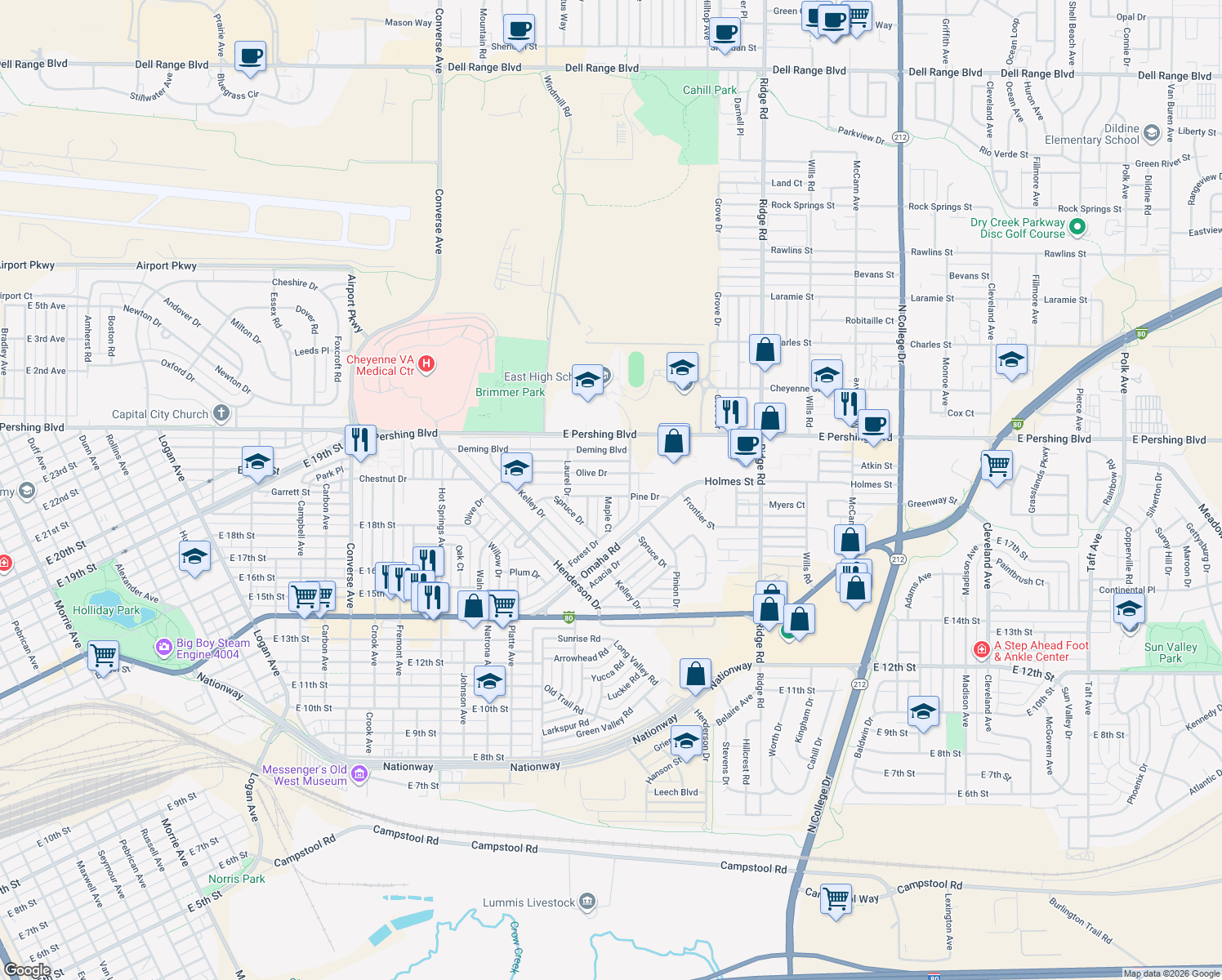 map of restaurants, bars, coffee shops, grocery stores, and more near 2856 Pine Dr in Cheyenne