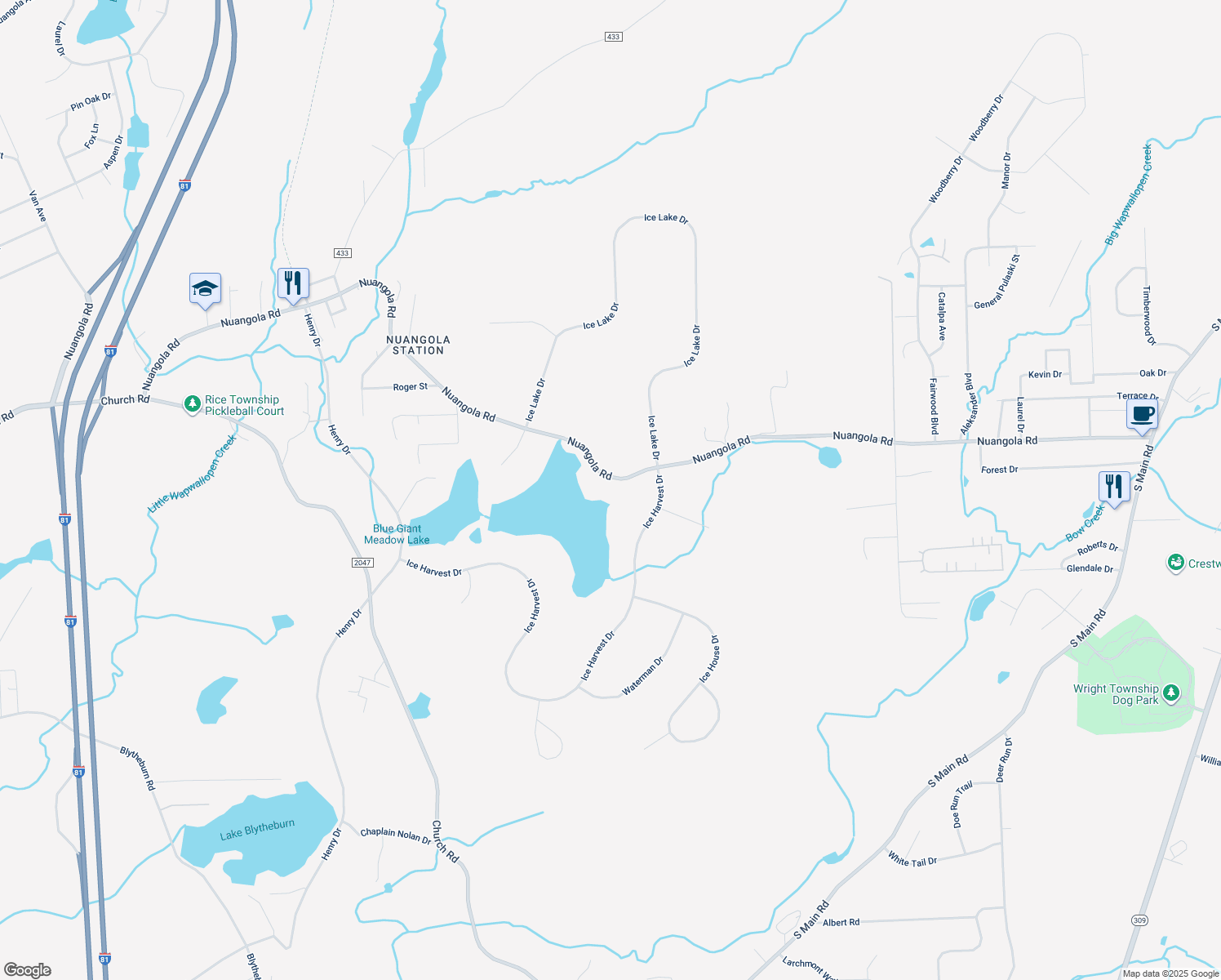 map of restaurants, bars, coffee shops, grocery stores, and more near 770 Nuangola Road in Mountain Top