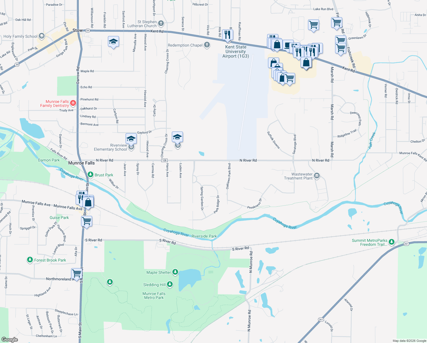 map of restaurants, bars, coffee shops, grocery stores, and more near 542 Willow Grove Drive in Munroe Falls