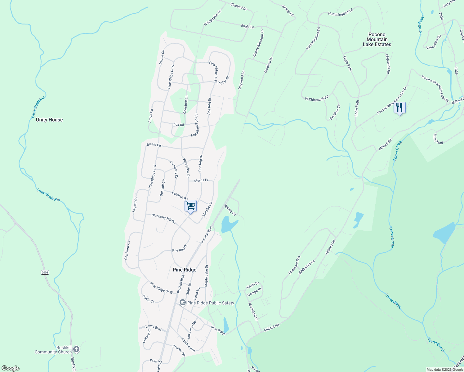 map of restaurants, bars, coffee shops, grocery stores, and more near Pocono Boulevard in Bushkill