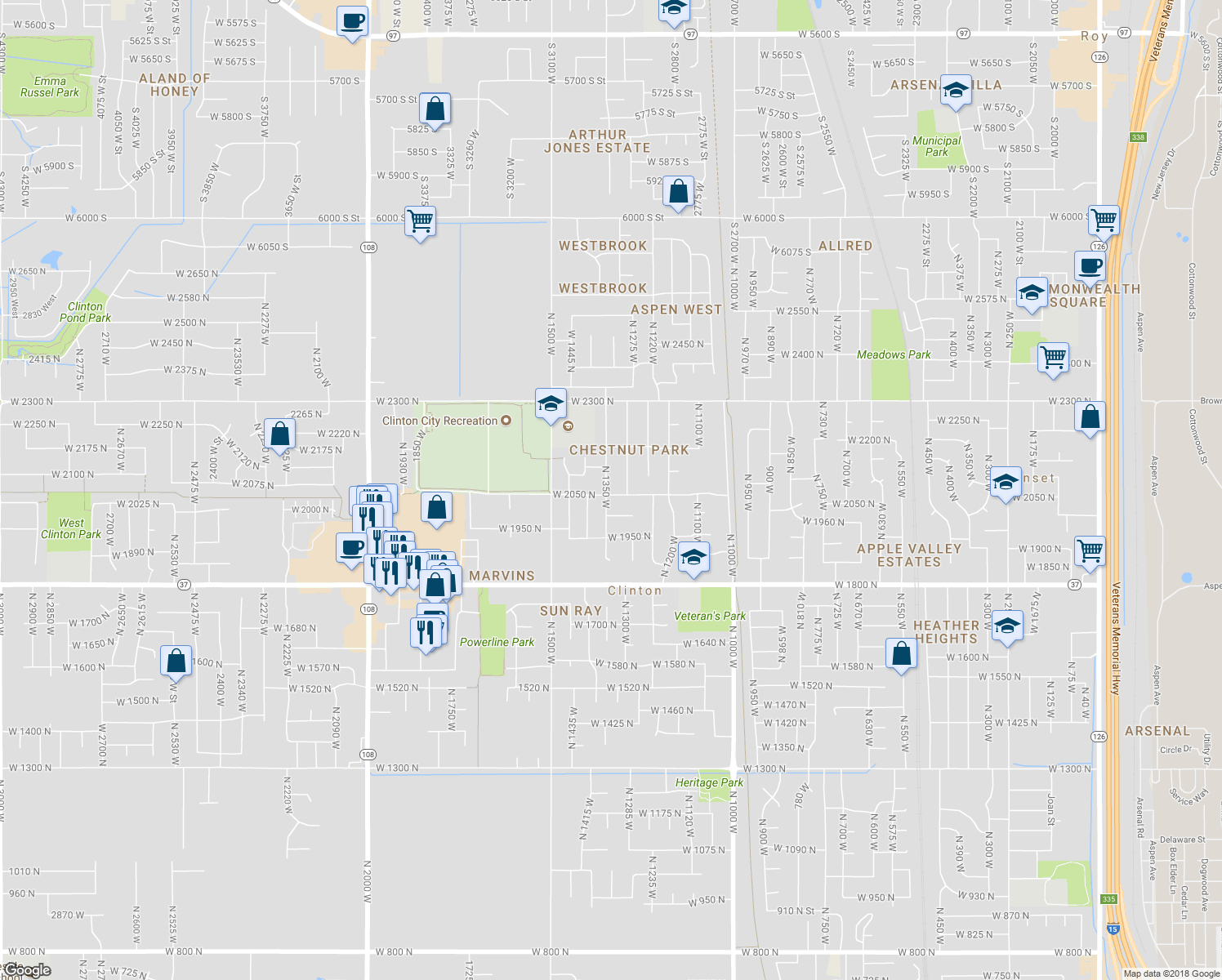 map of restaurants, bars, coffee shops, grocery stores, and more near 2056 North 1350 West in Clinton