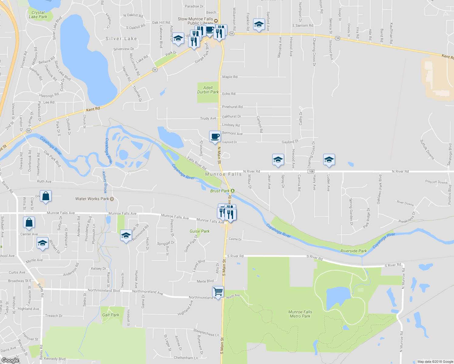 map of restaurants, bars, coffee shops, grocery stores, and more near 154 North Main Street in Munroe Falls