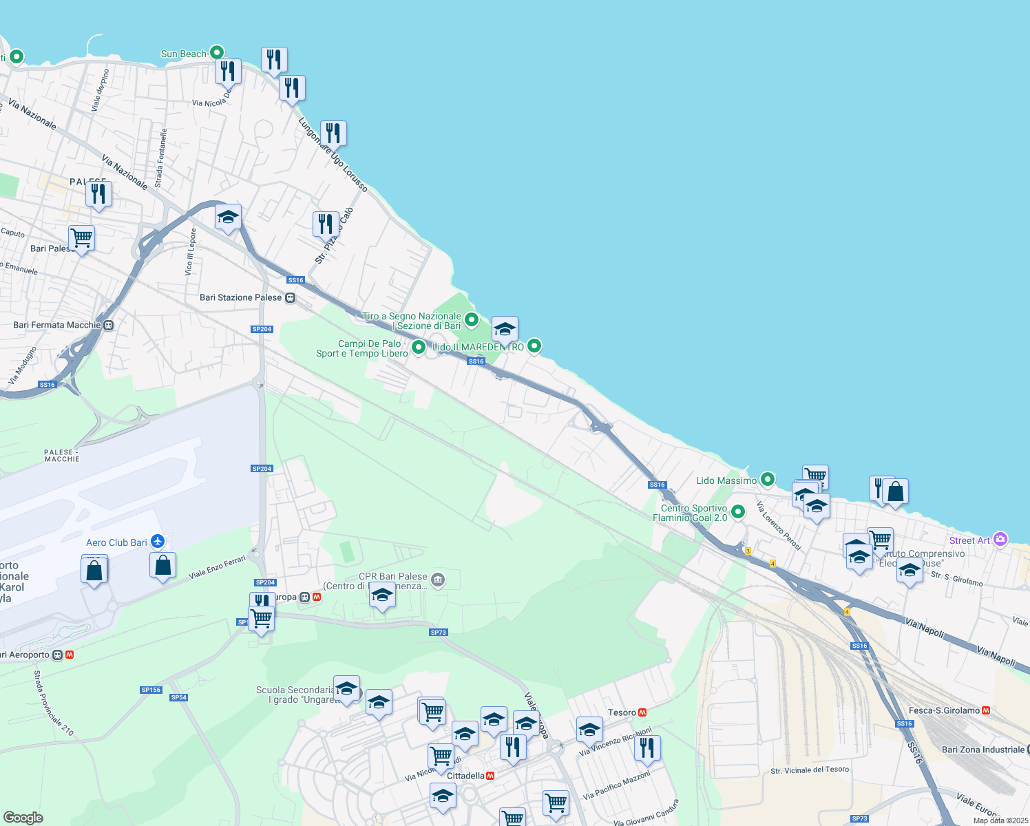 map of restaurants, bars, coffee shops, grocery stores, and more near 8 Strada Rurale Mammagnora in Bari