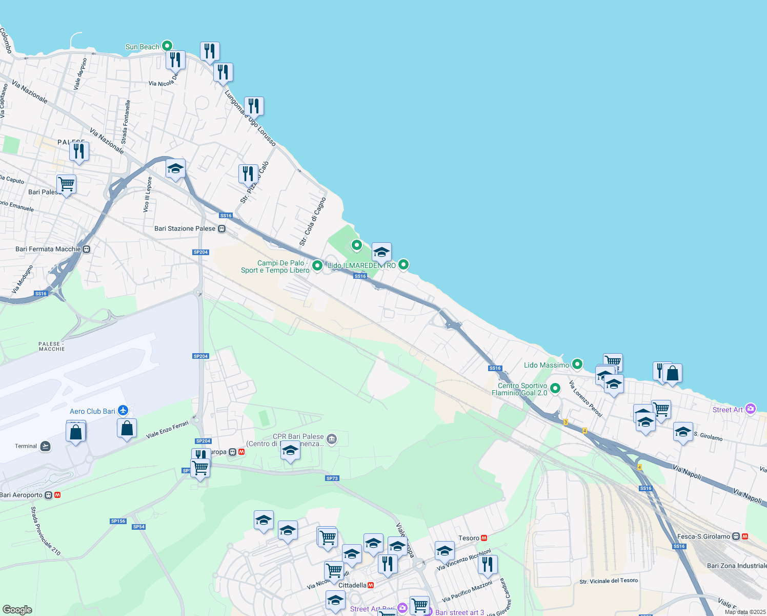 map of restaurants, bars, coffee shops, grocery stores, and more near 8 Strada Rurale Mammagnora in Bari