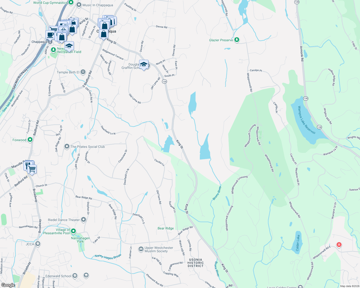 map of restaurants, bars, coffee shops, grocery stores, and more near 763 King Street in Chappaqua