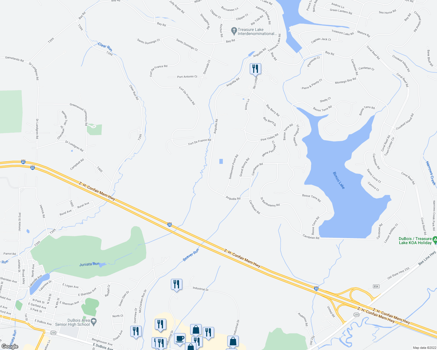 map of restaurants, bars, coffee shops, grocery stores, and more near 270 Anguilla Rd in DuBois