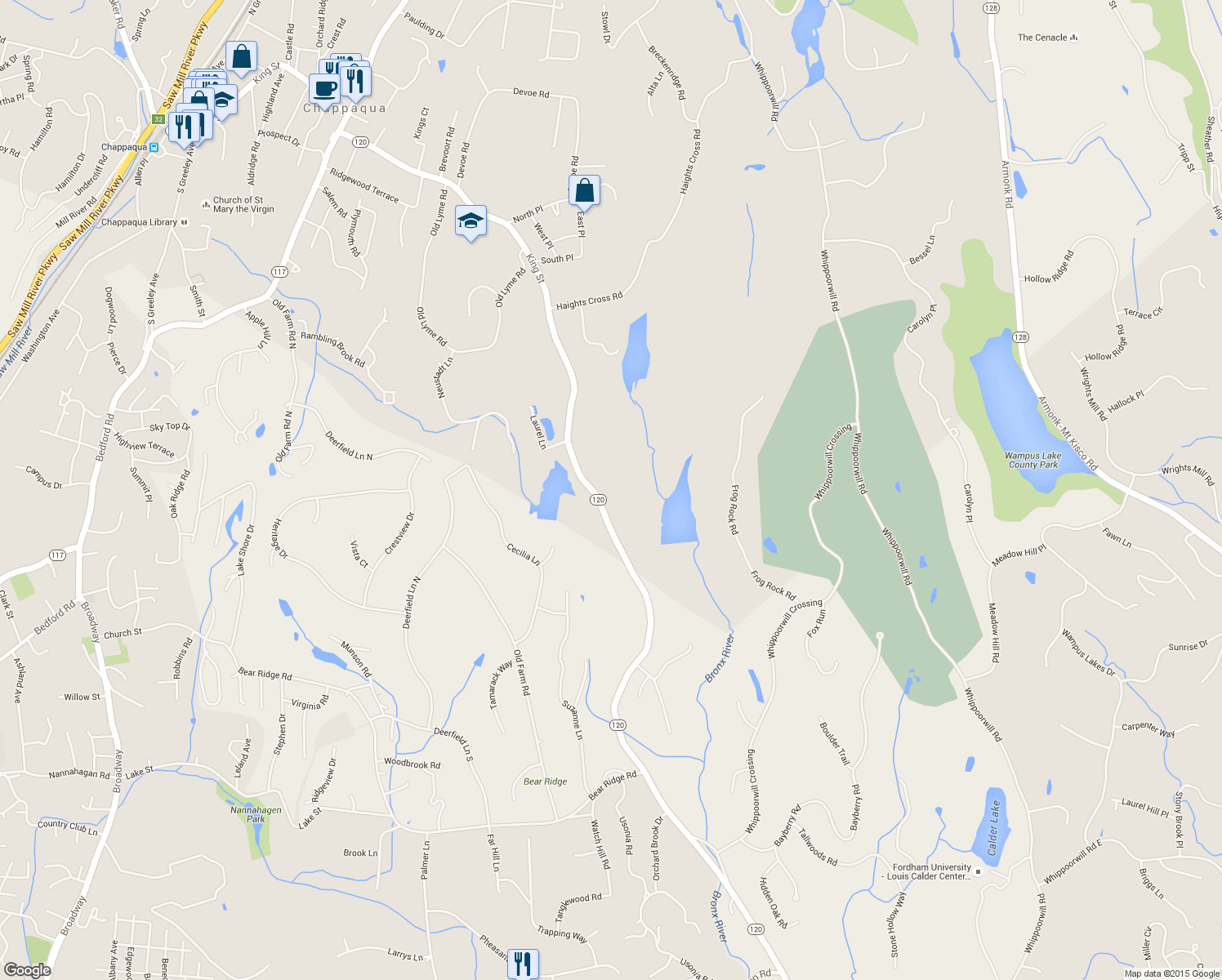 map of restaurants, bars, coffee shops, grocery stores, and more near 765 King Street in Chappaqua