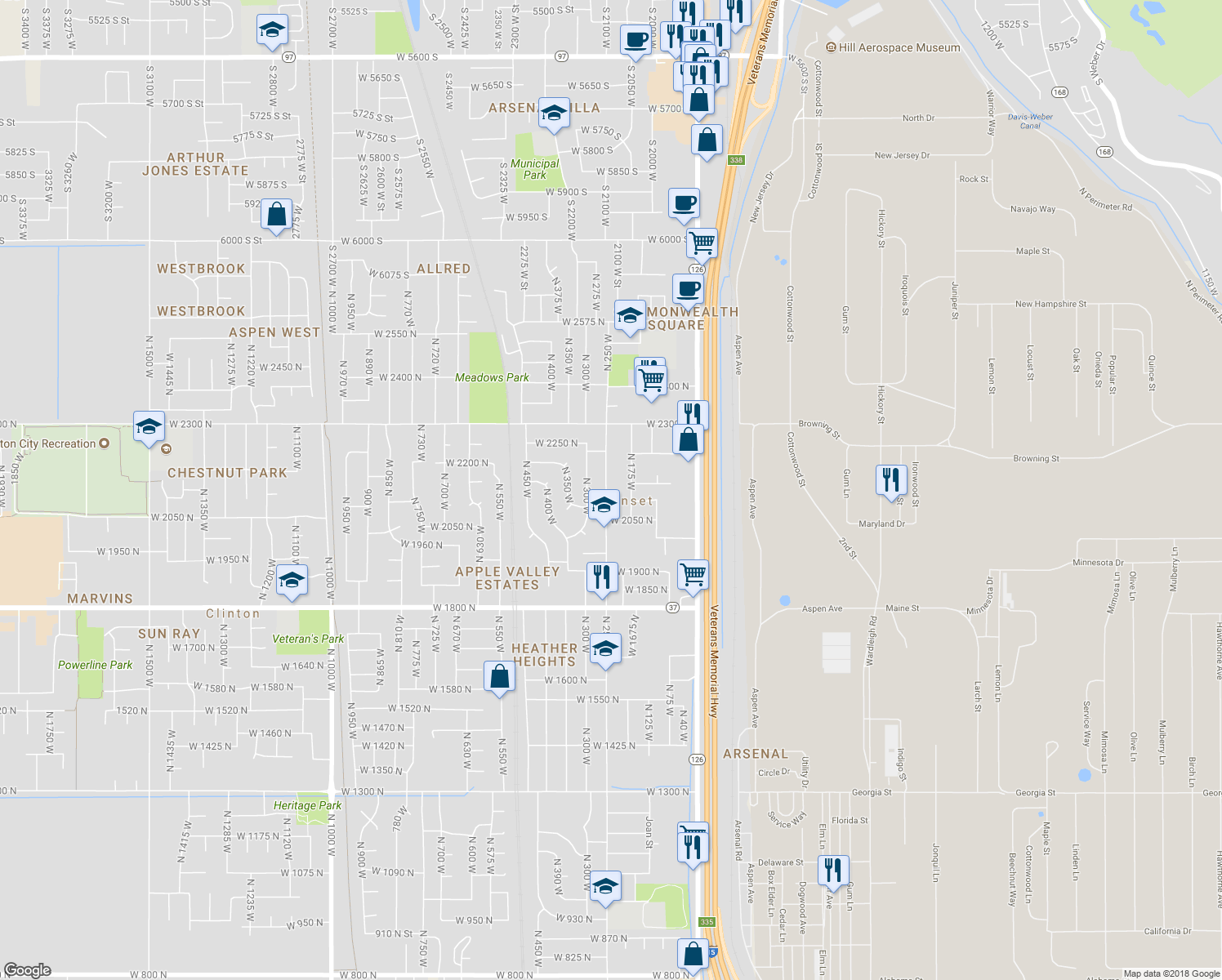 map of restaurants, bars, coffee shops, grocery stores, and more near 2104 North 250 West in Sunset