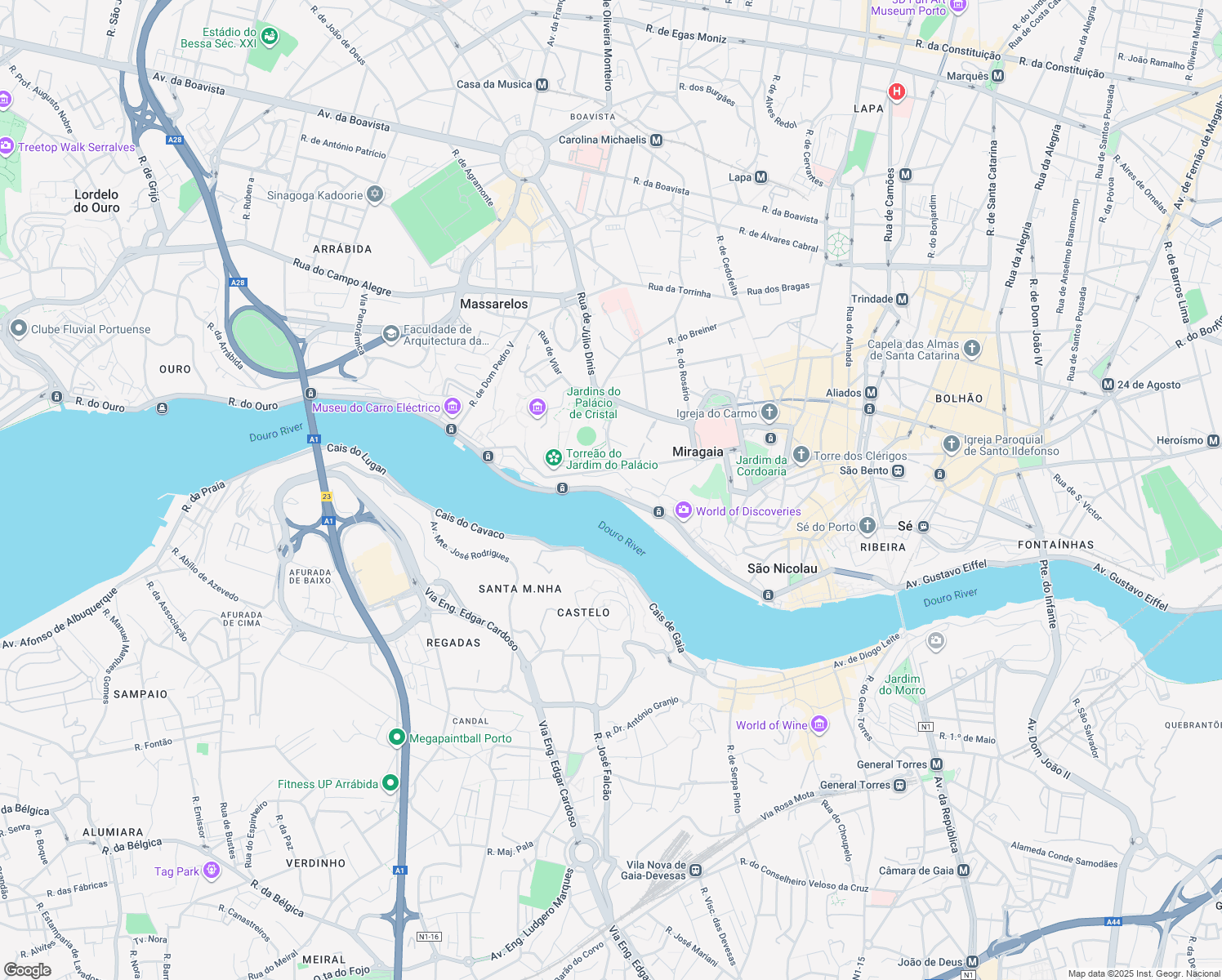 map of restaurants, bars, coffee shops, grocery stores, and more near 45 Rua de Monchique in Porto