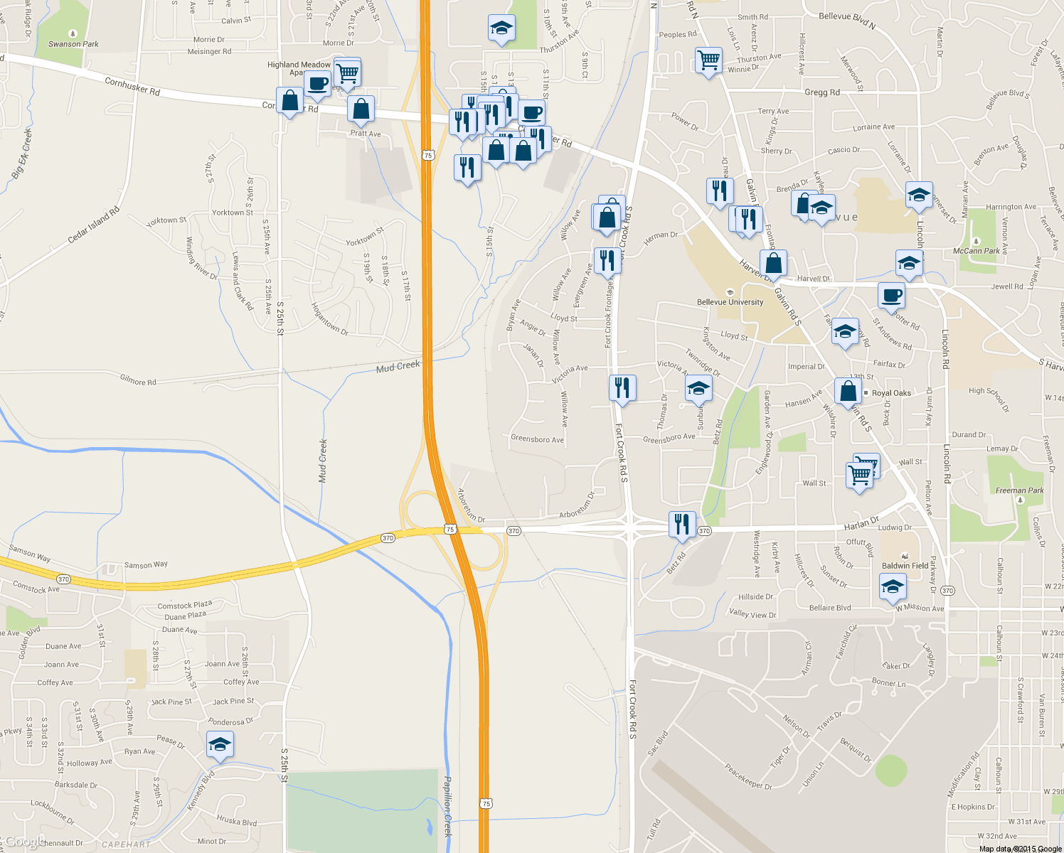 map of restaurants, bars, coffee shops, grocery stores, and more near 2809 Hansen Circle in Bellevue