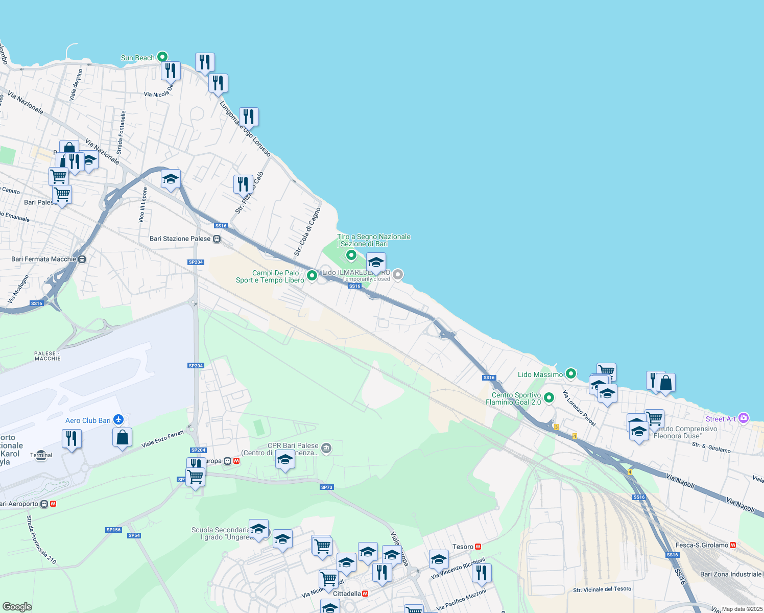 map of restaurants, bars, coffee shops, grocery stores, and more near 2 Strada Rurale Mammagnora in Bari