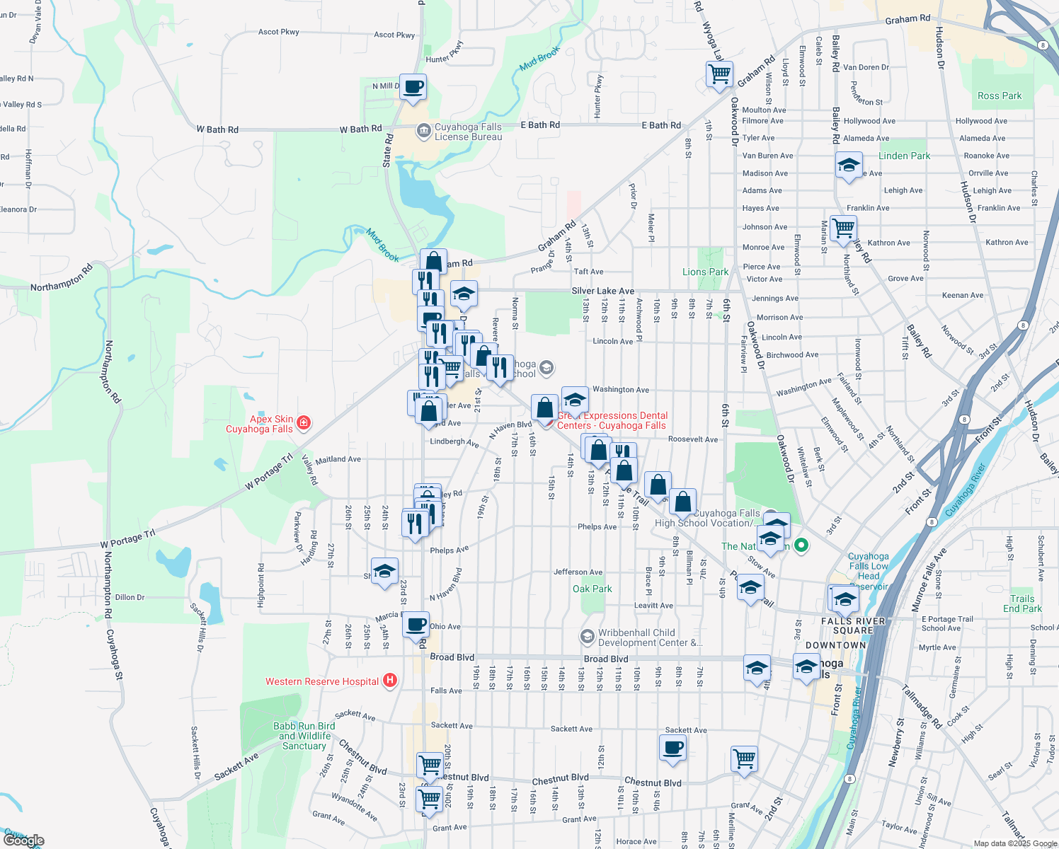 map of restaurants, bars, coffee shops, grocery stores, and more near 2680 North Haven Boulevard in Cuyahoga Falls