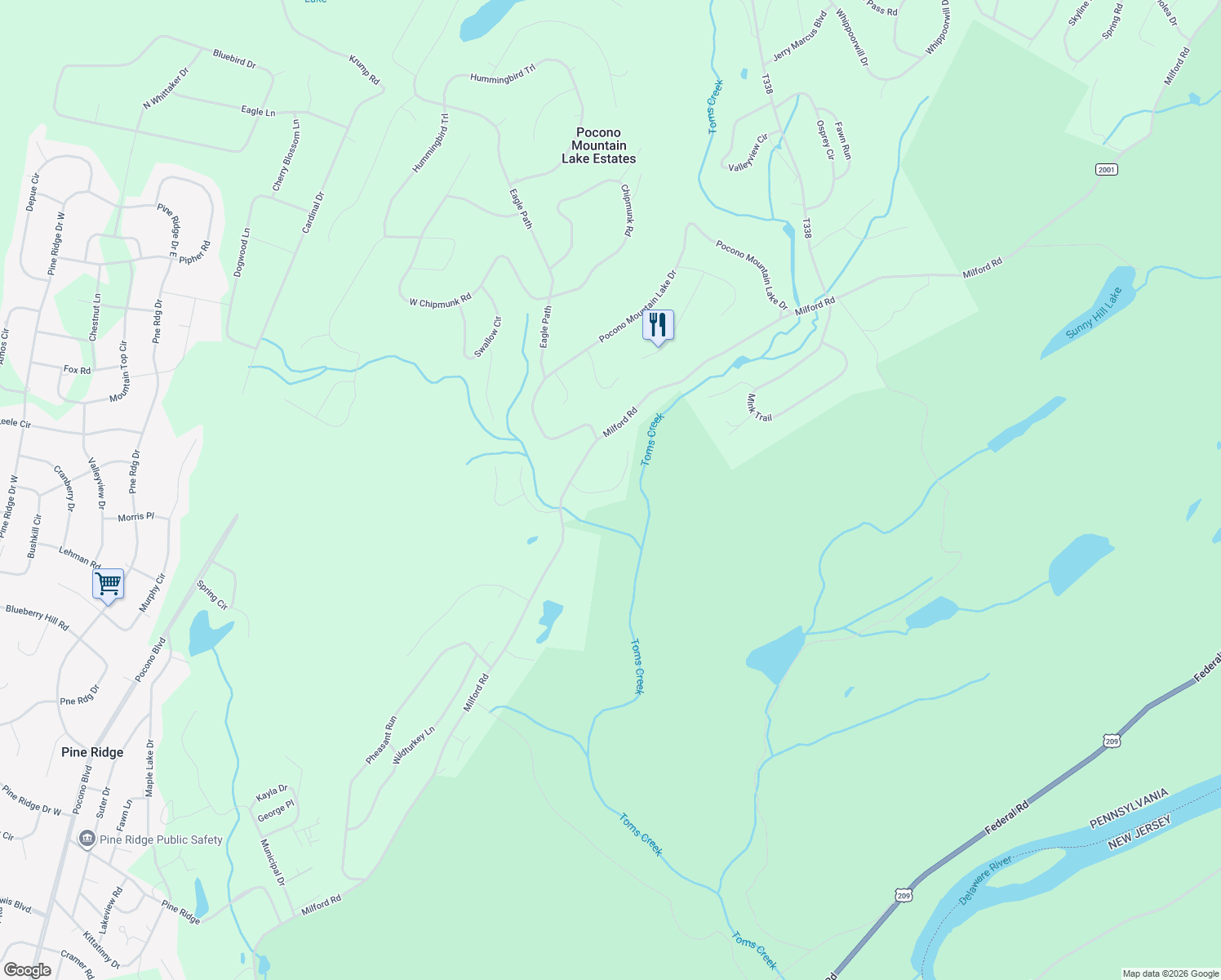 map of restaurants, bars, coffee shops, grocery stores, and more near 241-245 Raccoon Court in Bushkill