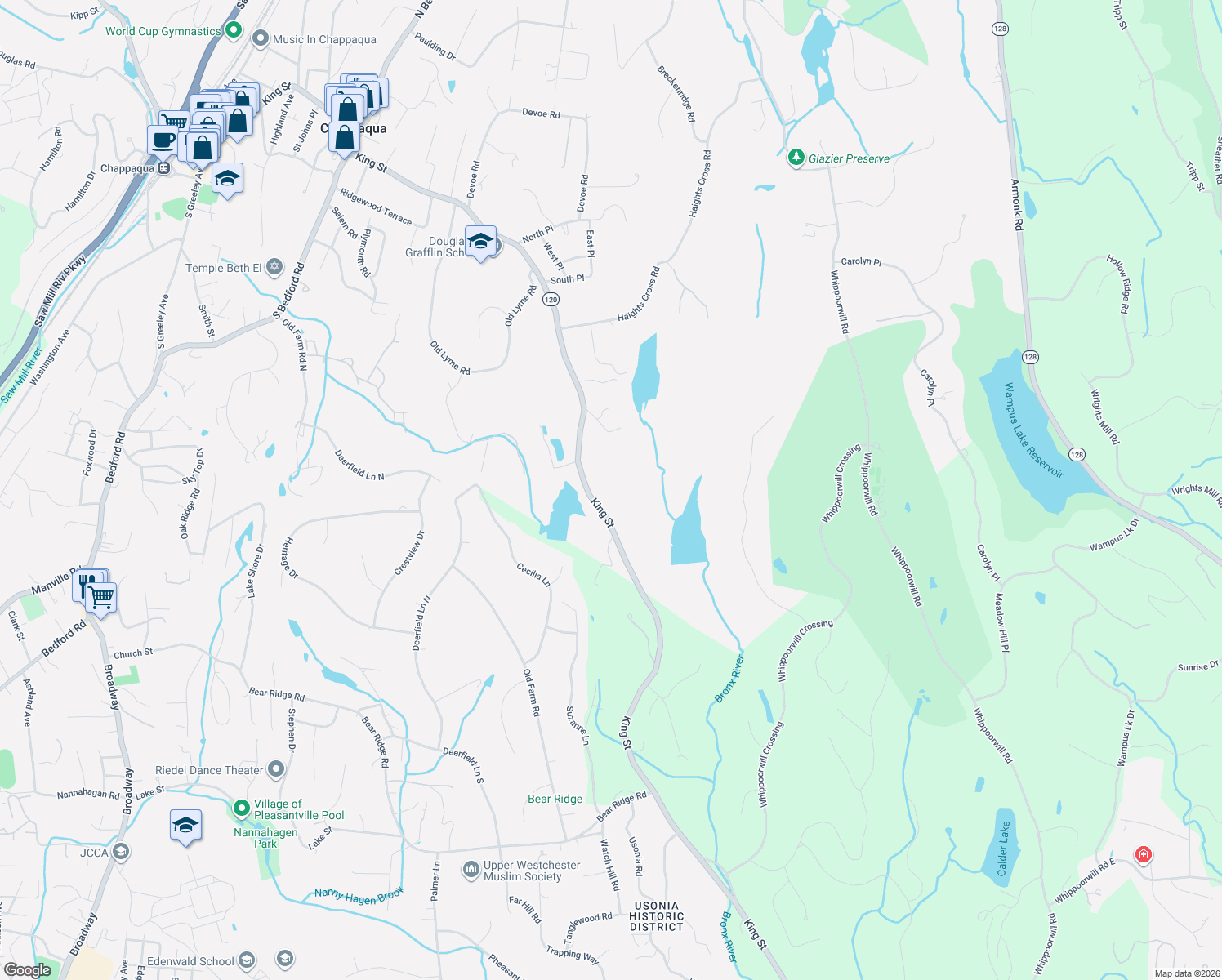 map of restaurants, bars, coffee shops, grocery stores, and more near 763 King Street in Chappaqua