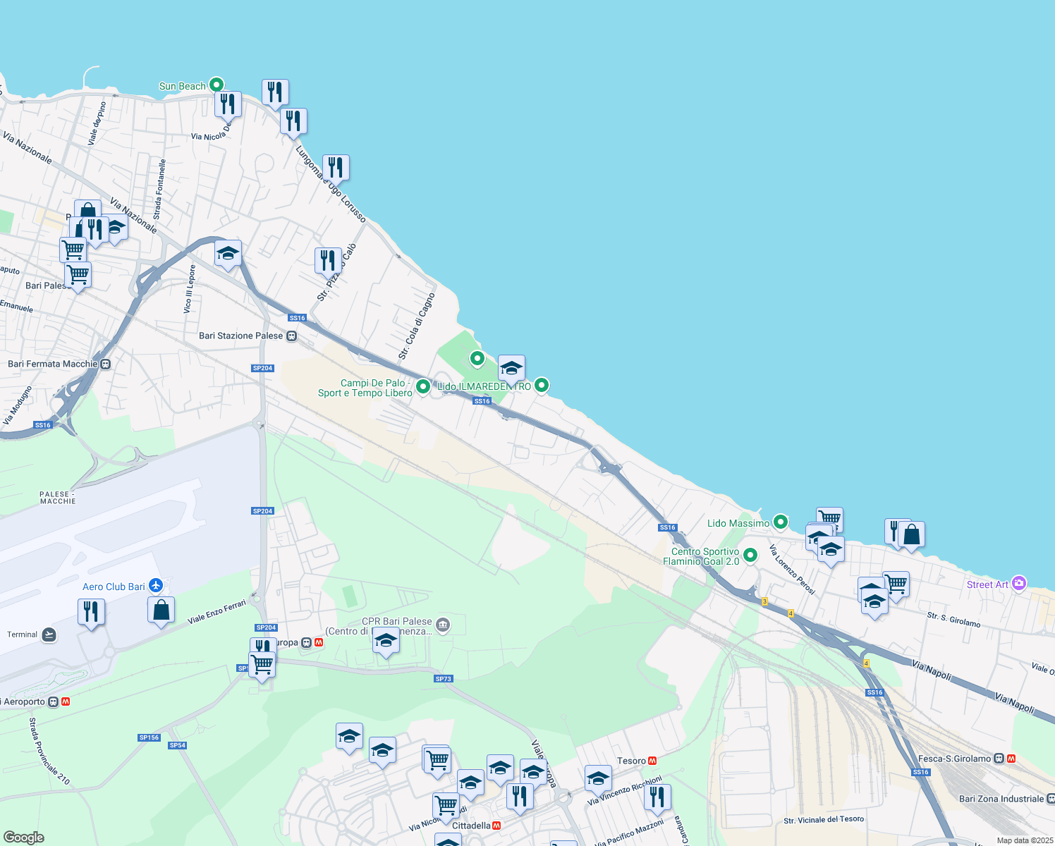 map of restaurants, bars, coffee shops, grocery stores, and more near 2 Strada Rurale Mammagnora in Bari