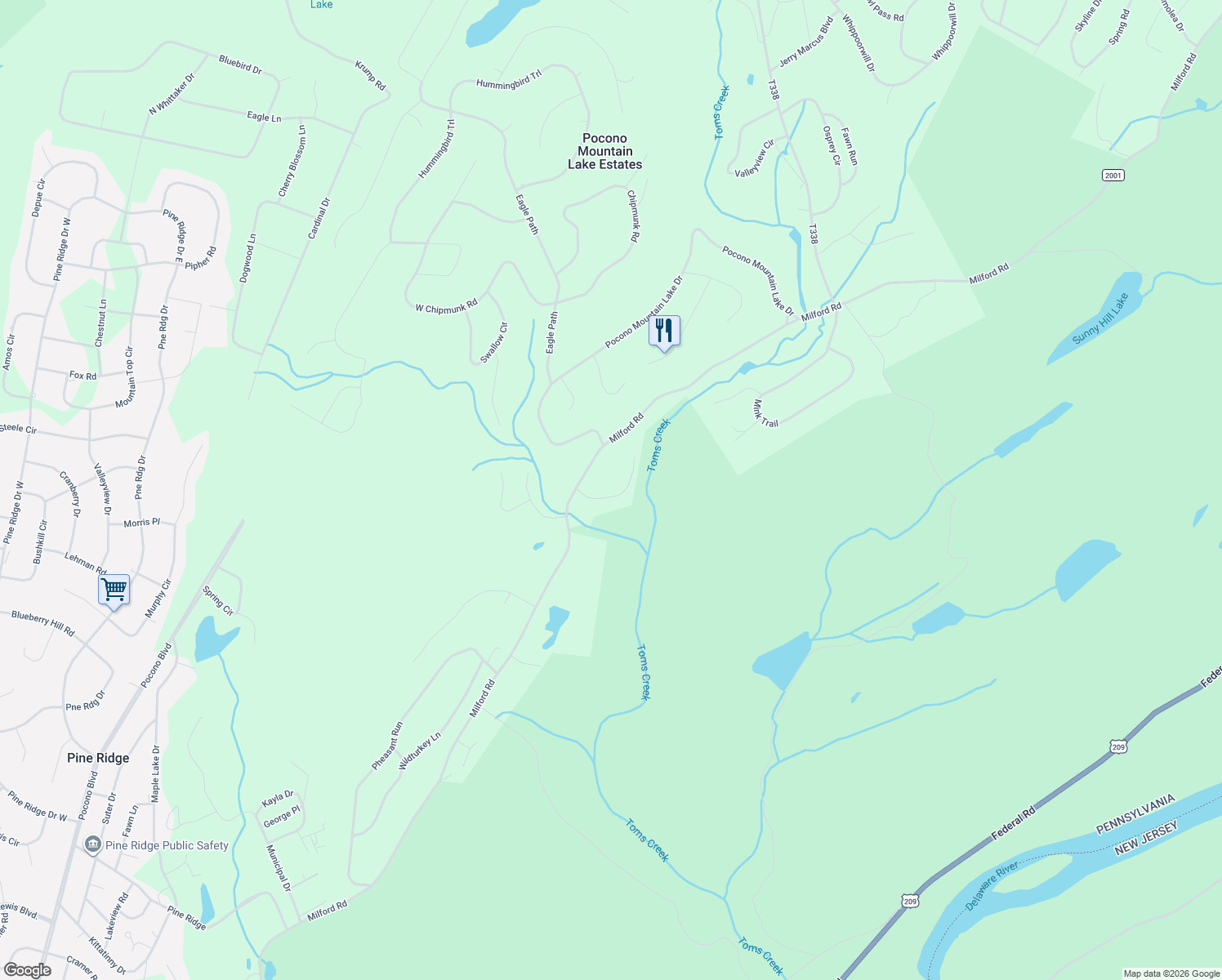map of restaurants, bars, coffee shops, grocery stores, and more near 241-245 Raccoon Court in Bushkill