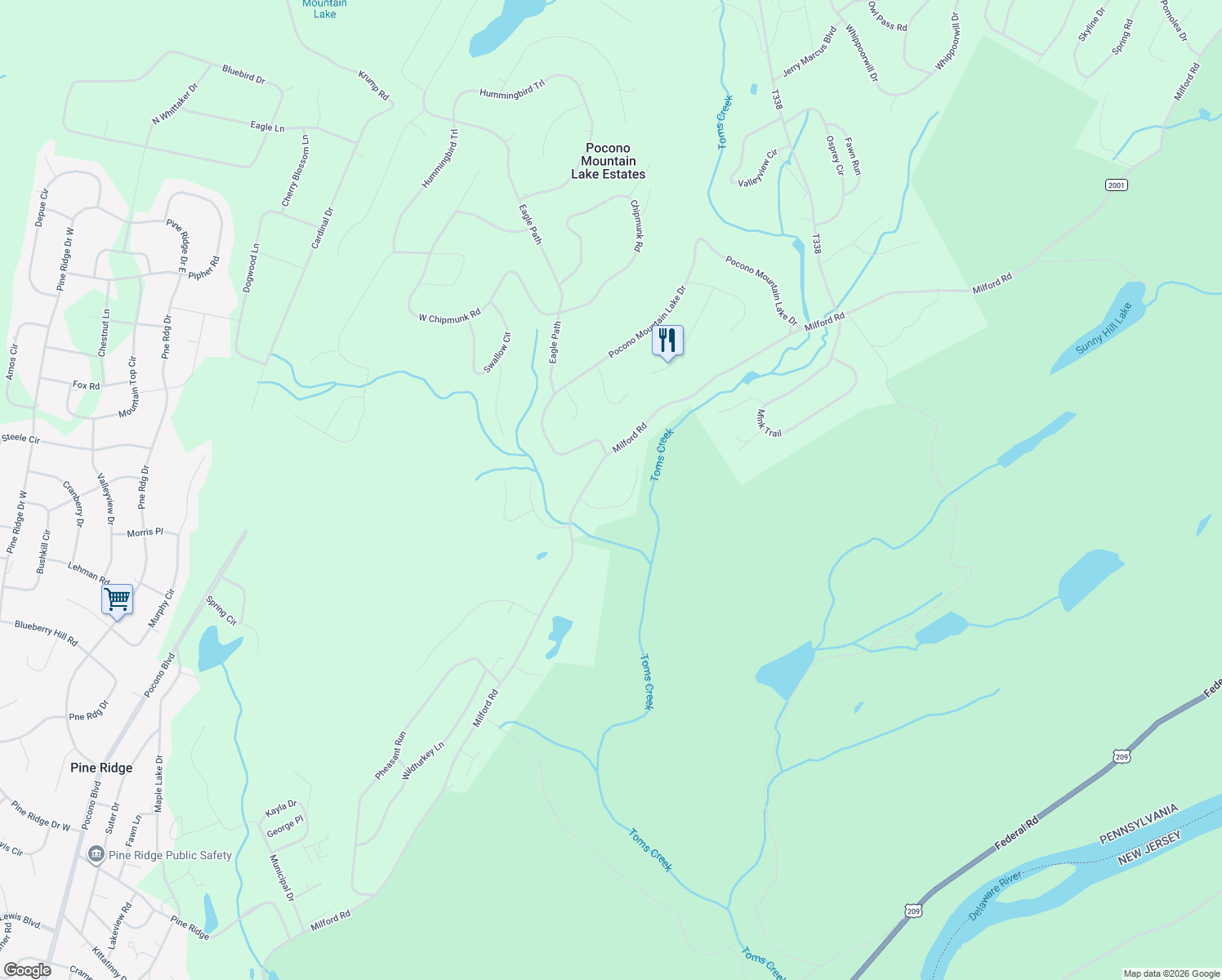 map of restaurants, bars, coffee shops, grocery stores, and more near 71 Pocono Mountain Lake Drive in Bushkill