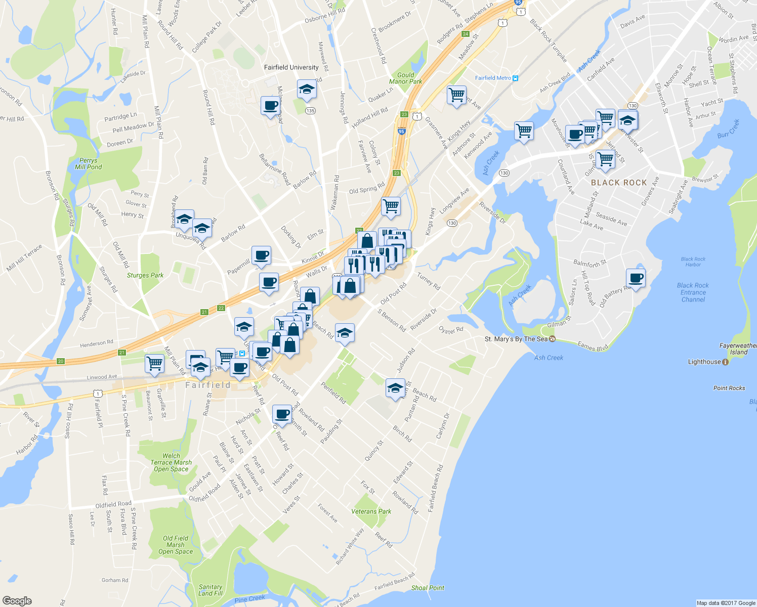 map of restaurants, bars, coffee shops, grocery stores, and more near 290 Old Post Road in Fairfield