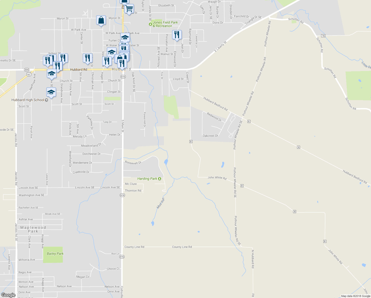map of restaurants, bars, coffee shops, grocery stores, and more near 3562 Creed Avenue in Hubbard