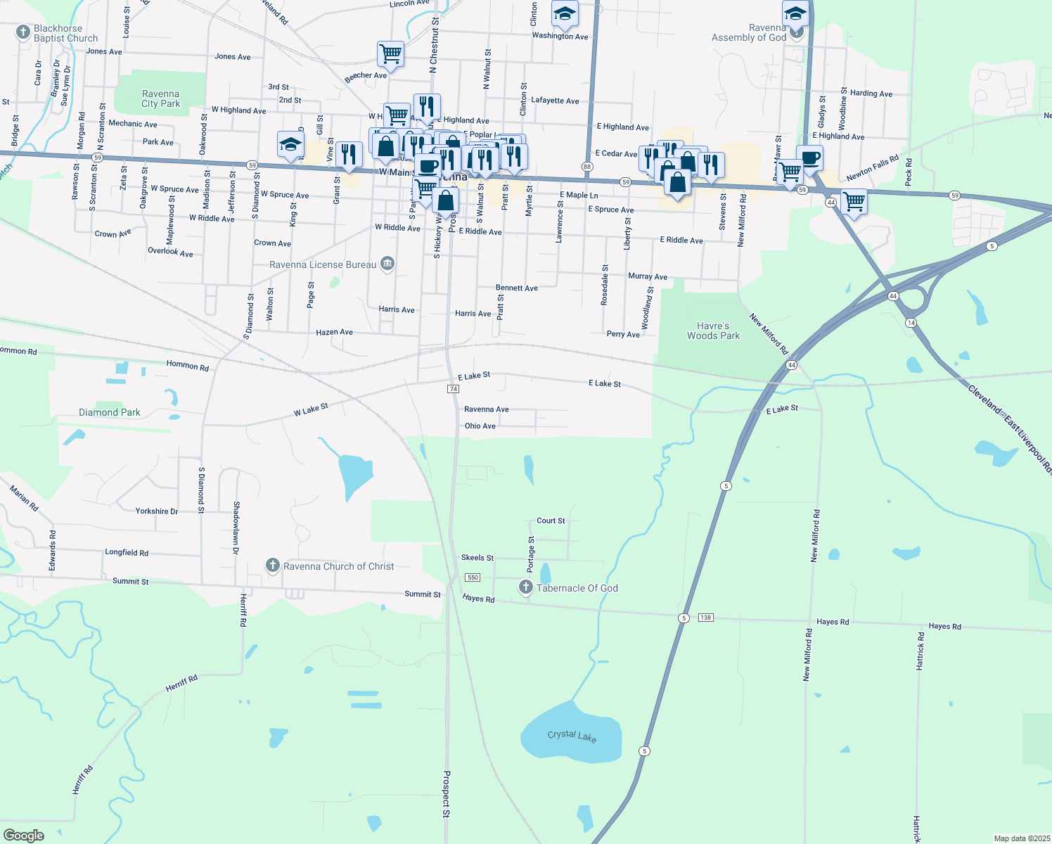 map of restaurants, bars, coffee shops, grocery stores, and more near 513 Ohio Avenue in Ravenna