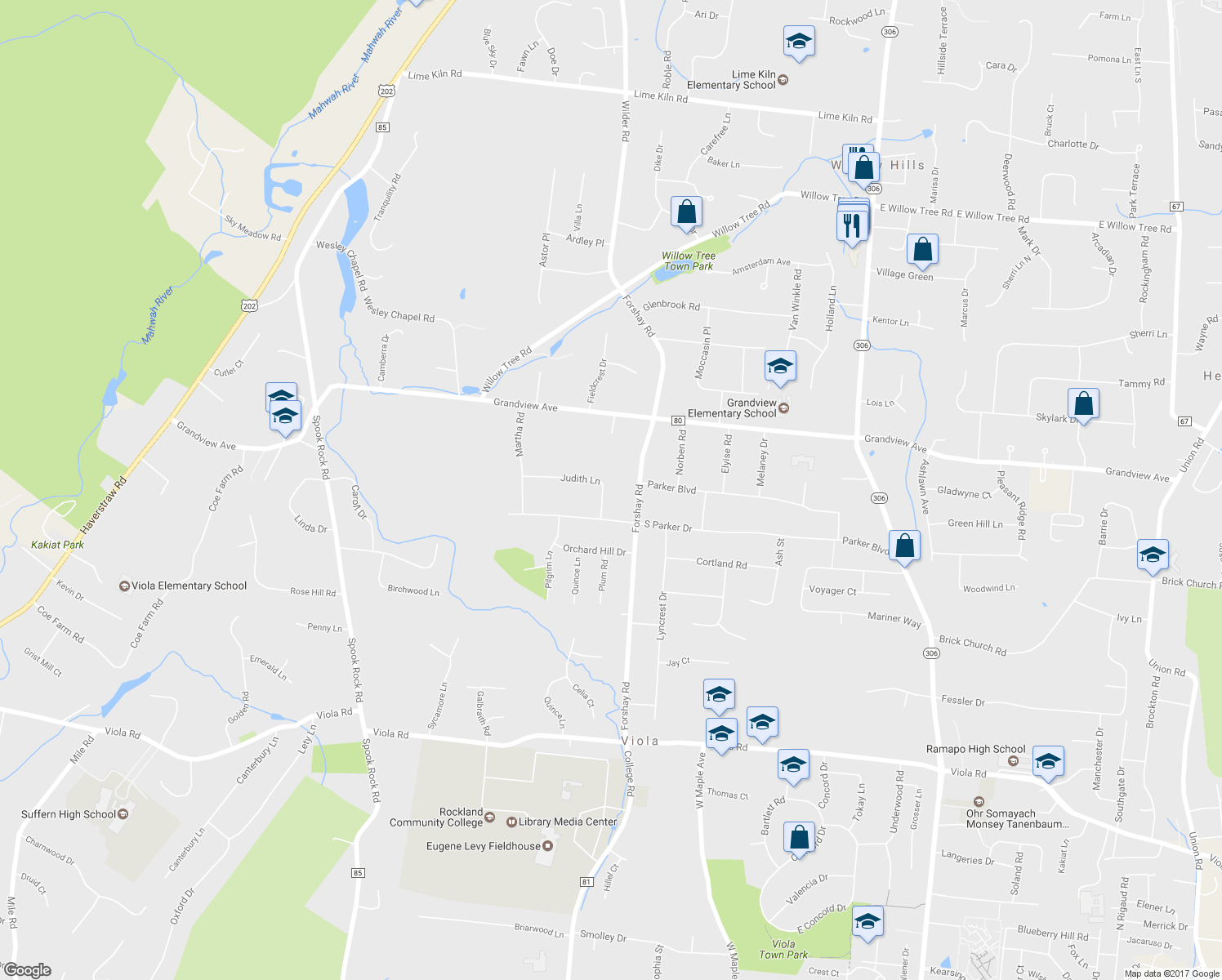 map of restaurants, bars, coffee shops, grocery stores, and more near 6 Judith Lane in Monsey
