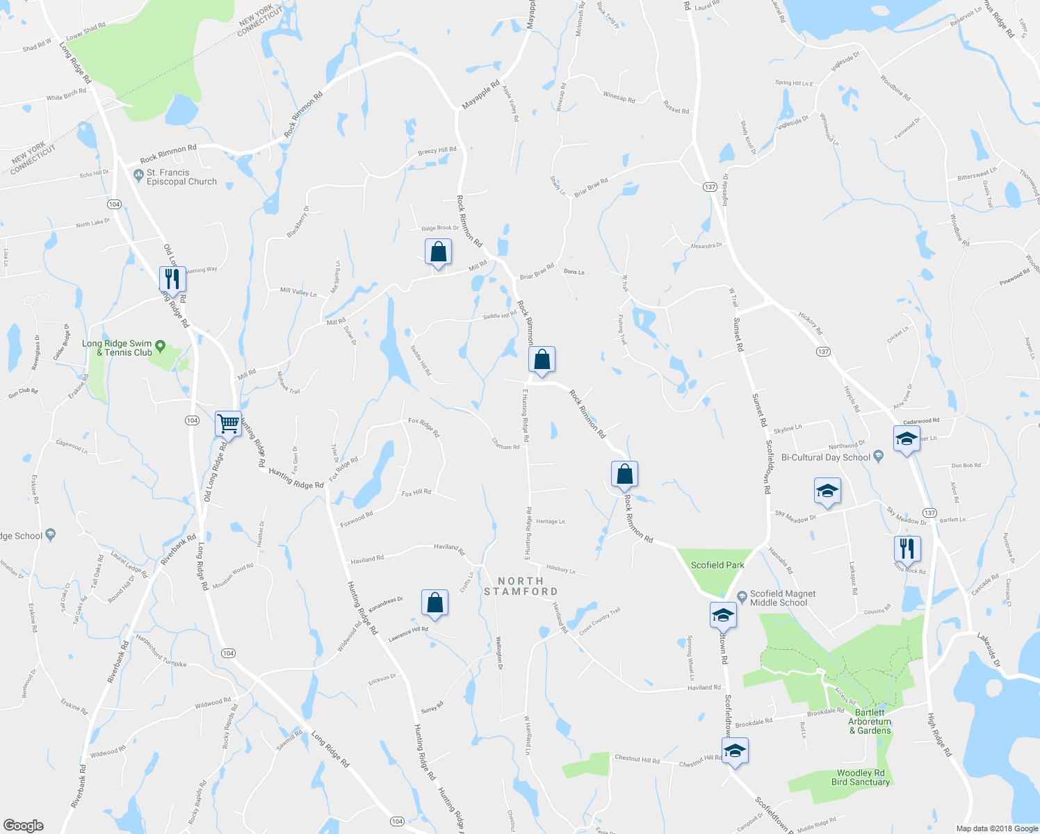 map of restaurants, bars, coffee shops, grocery stores, and more near 251 East Hunting Ridge Road in Stamford