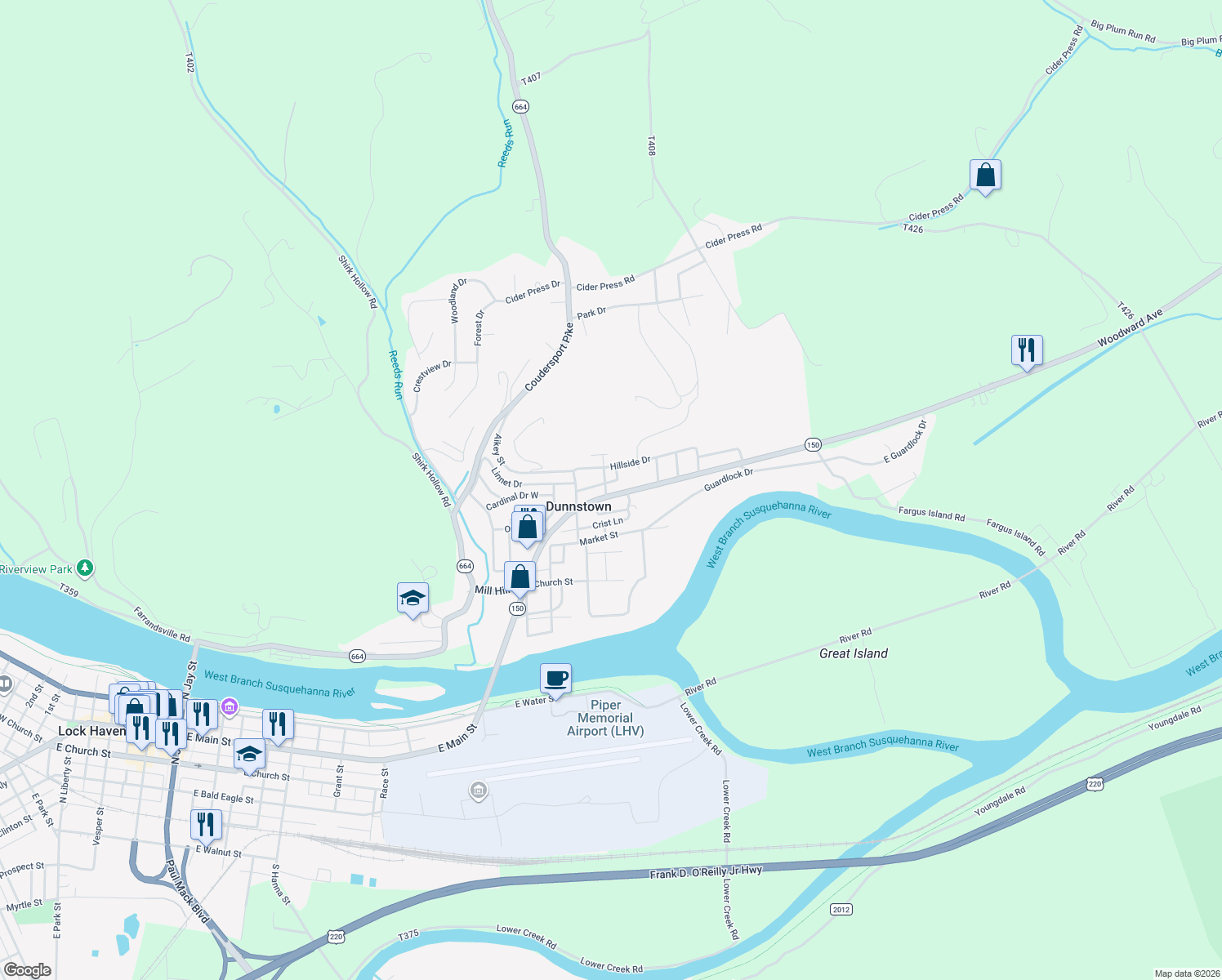 map of restaurants, bars, coffee shops, grocery stores, and more near 216 Woodward Avenue in Lock Haven