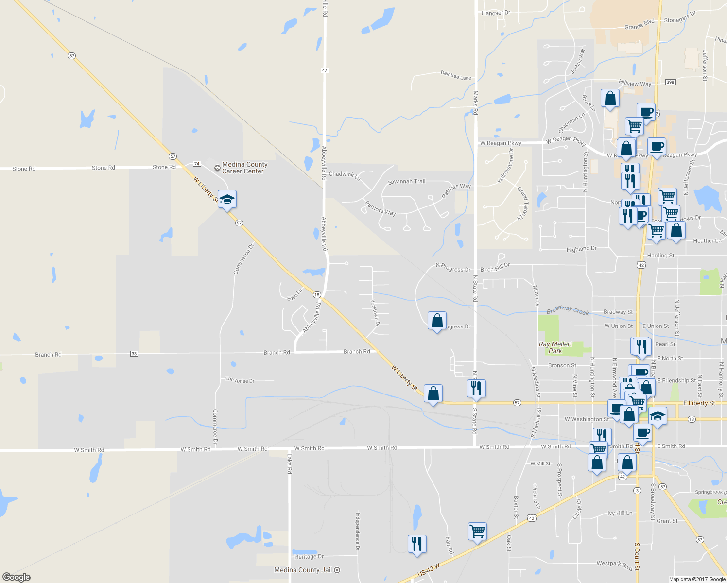 map of restaurants, bars, coffee shops, grocery stores, and more near 925 Coventry Court in Medina